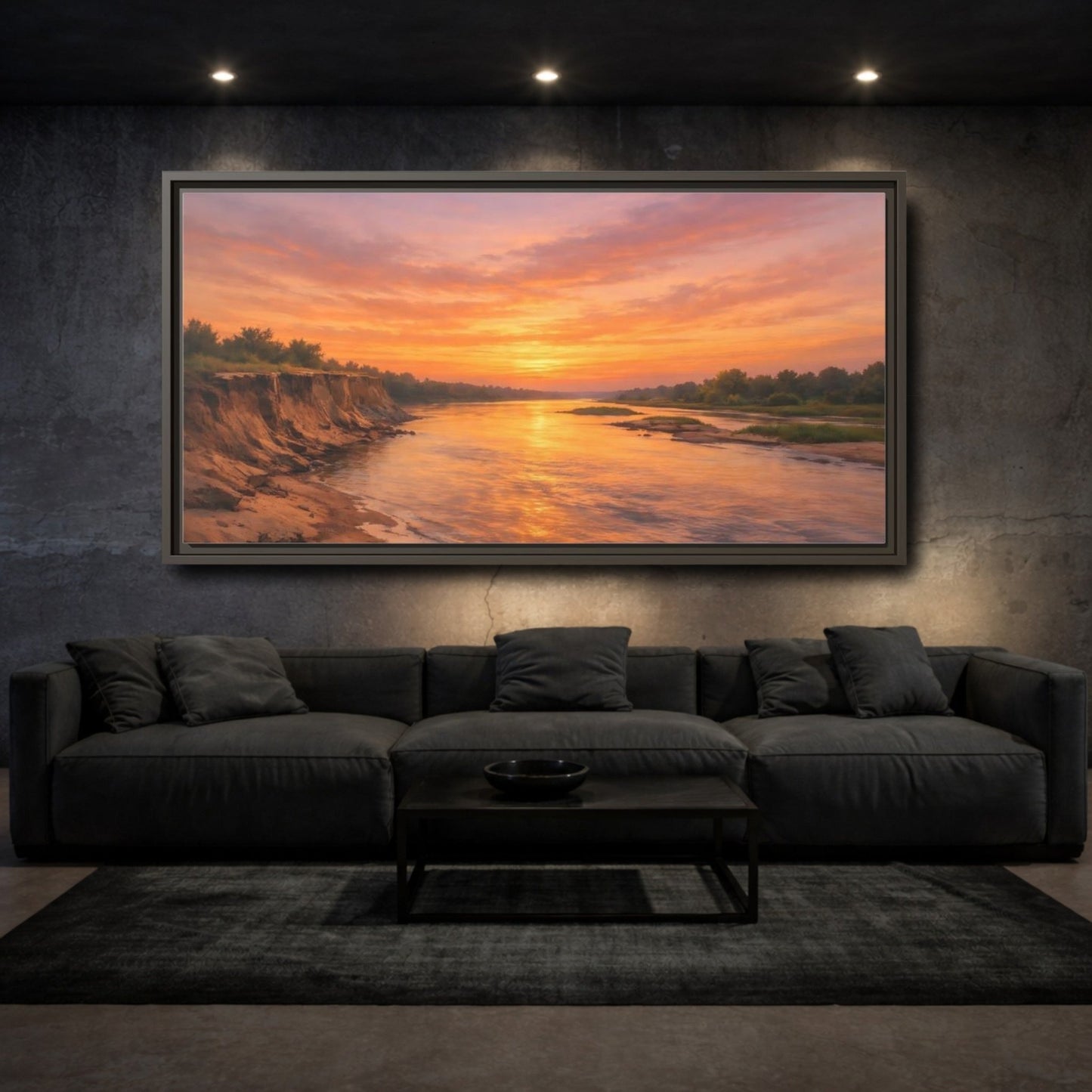 Landscape Nature River Sunset Orange And - Framed Canvas Wall Art Print - YesArtYes