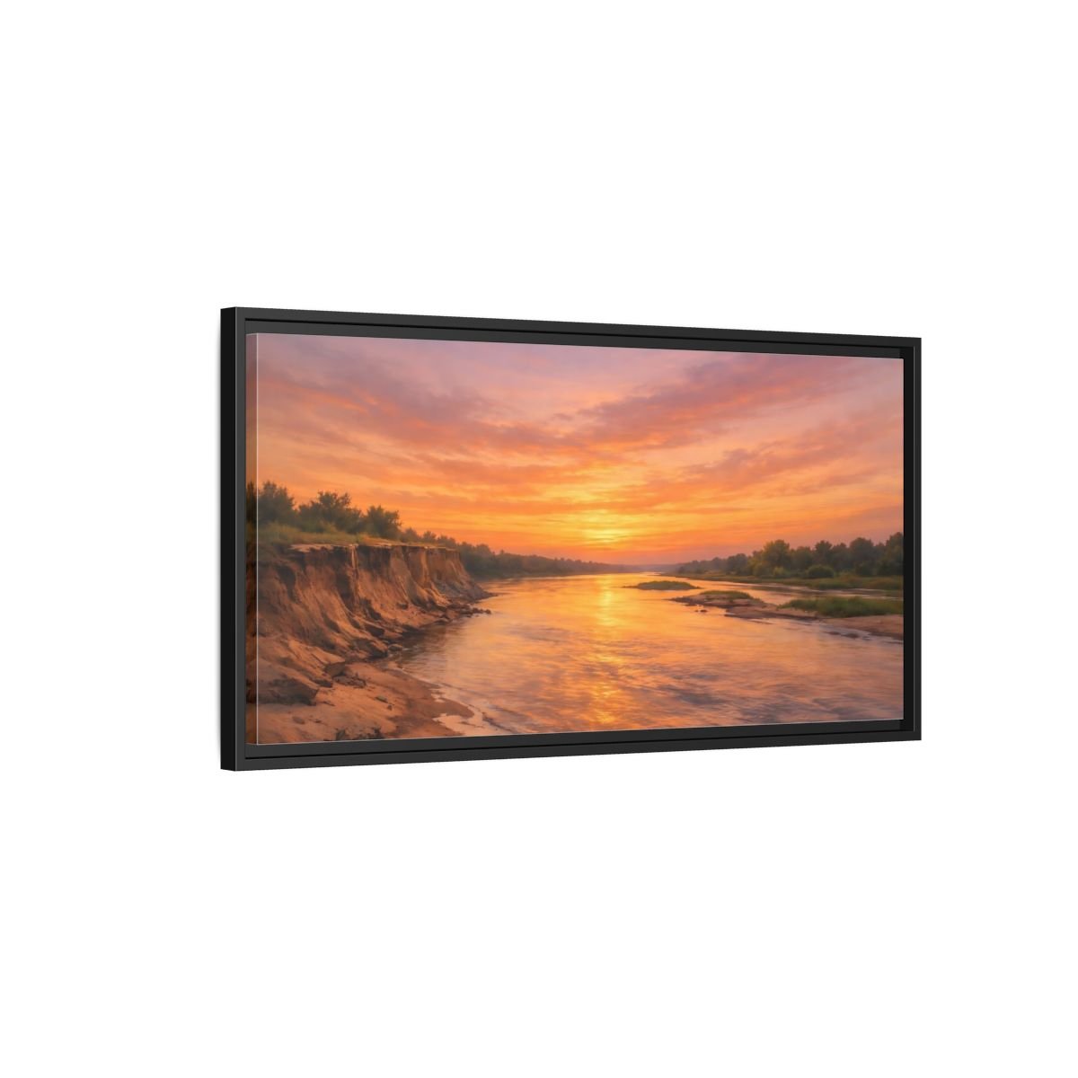 Landscape Nature River Sunset Orange And - Framed Canvas Wall Art Print - YesArtYes