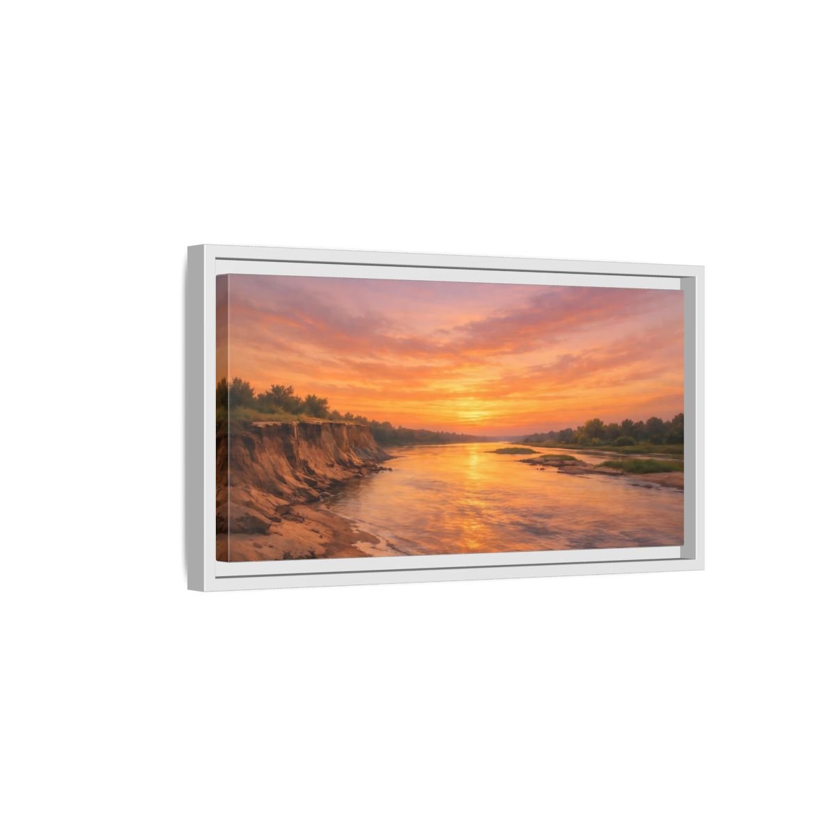 Landscape Nature River Sunset Orange And - Framed Canvas Wall Art Print - YesArtYes