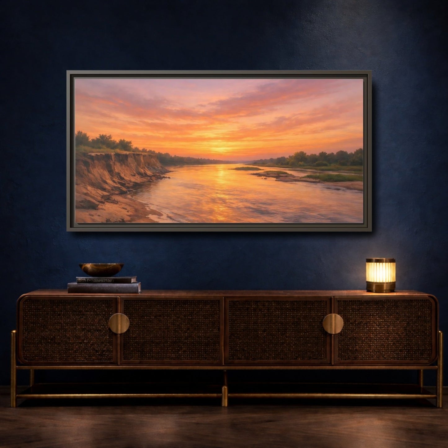 Landscape Nature River Sunset Orange And - Framed Canvas Wall Art Print - YesArtYes