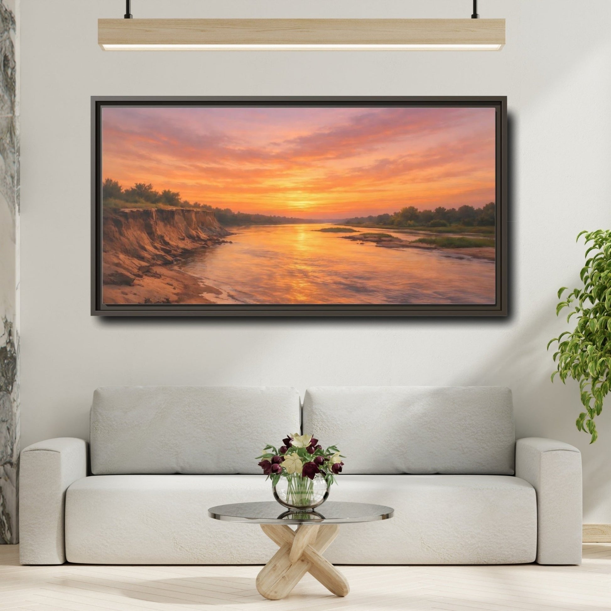 Landscape Nature River Sunset Orange And - Framed Canvas Wall Art Print - YesArtYes