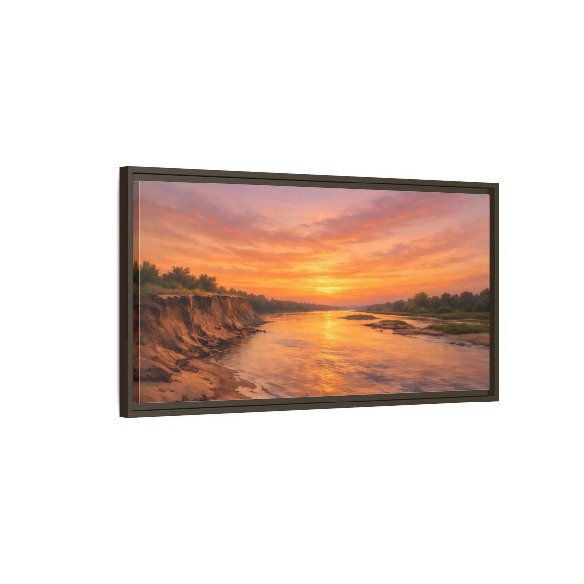 Landscape Nature River Sunset Orange And - Framed Canvas Wall Art Print - YesArtYes