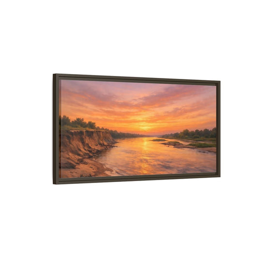 Landscape Nature River Sunset Orange And - Framed Canvas Wall Art Print - YesArtYes