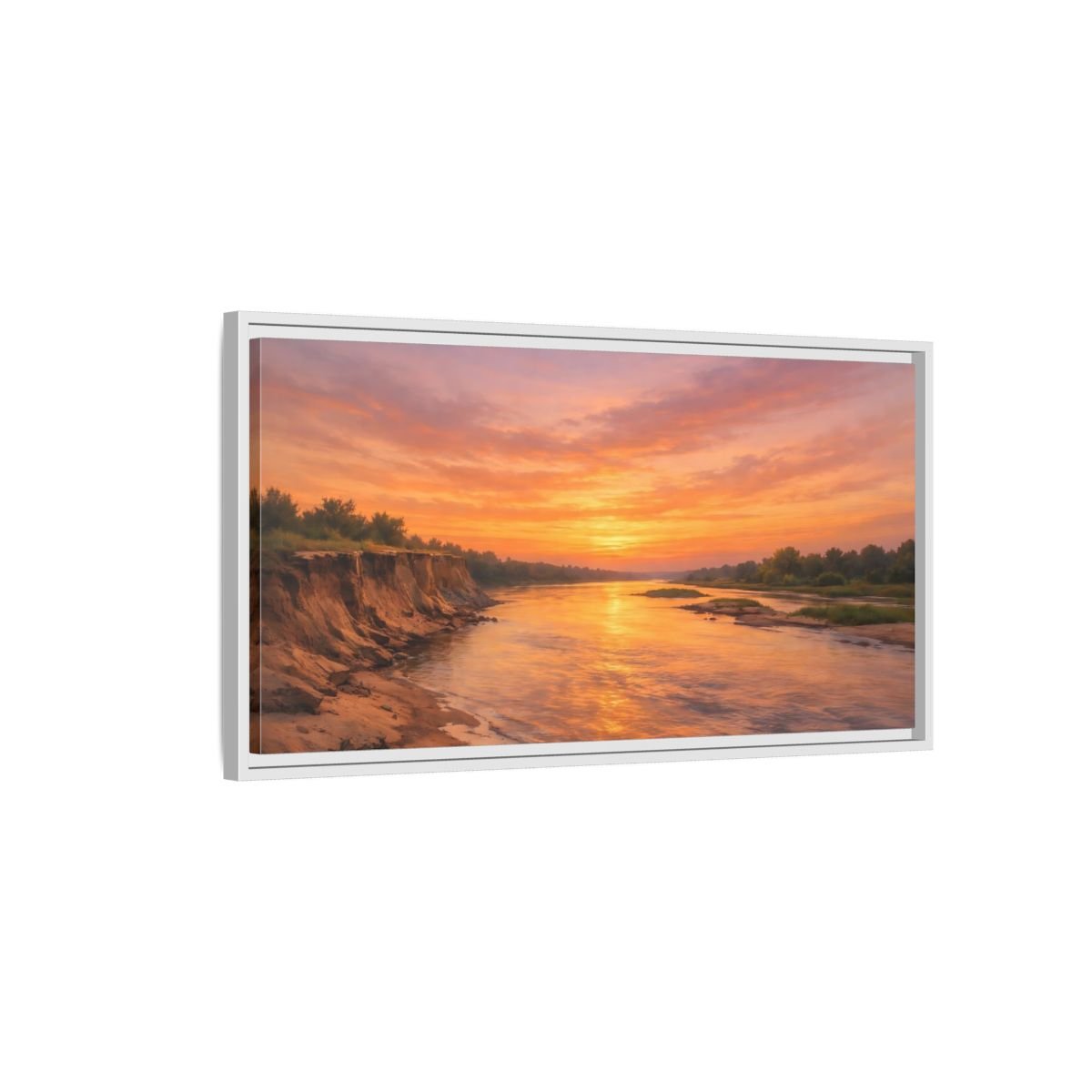 Landscape Nature River Sunset Orange And - Framed Canvas Wall Art Print - YesArtYes