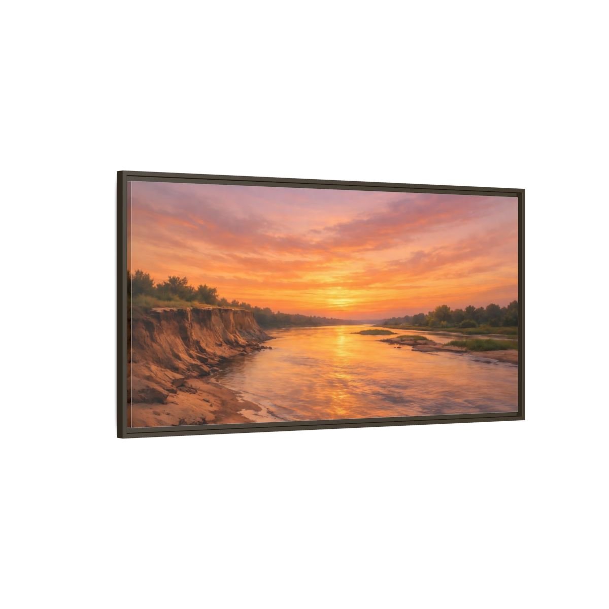 Landscape Nature River Sunset Orange And - Framed Canvas Wall Art Print - YesArtYes