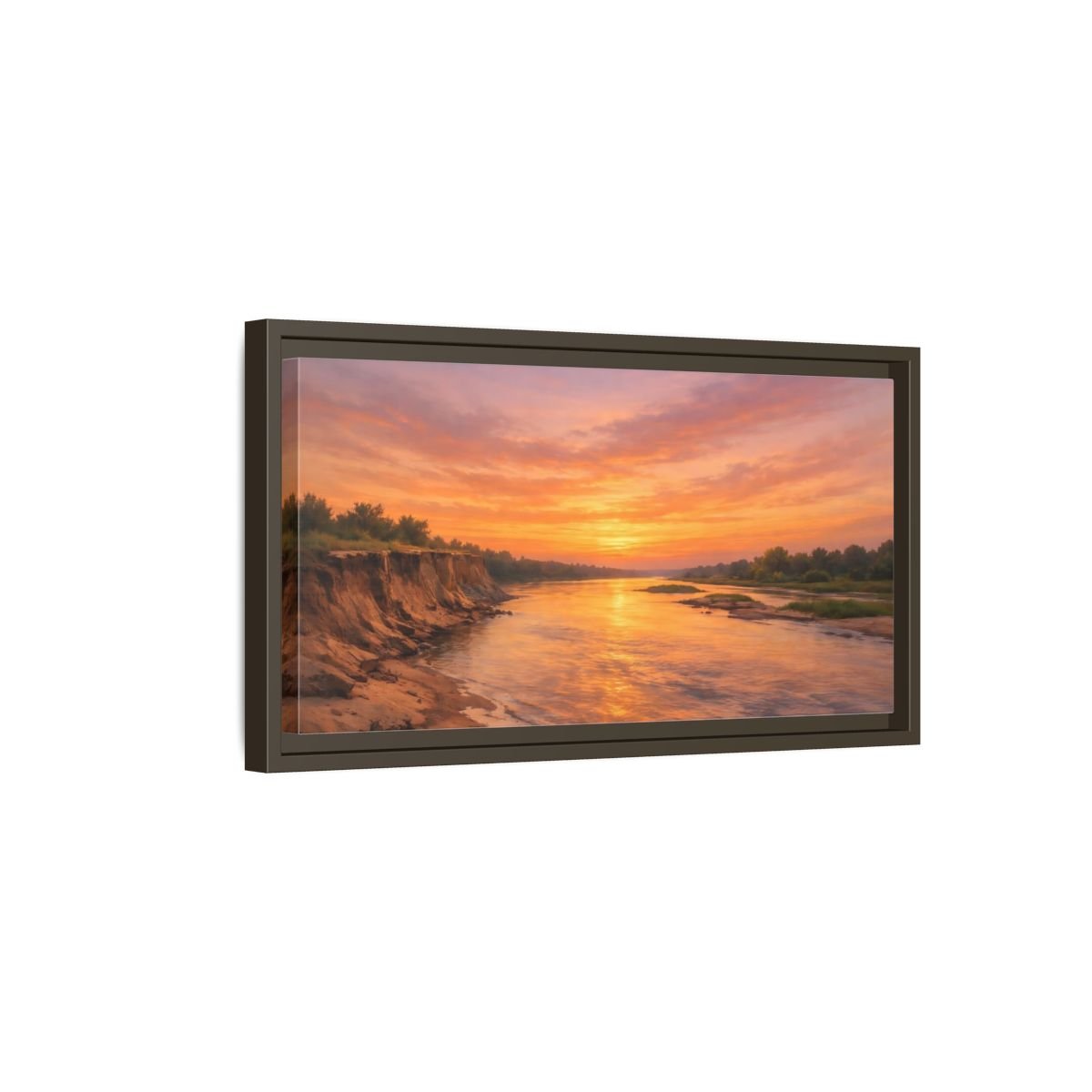 Landscape Nature River Sunset Orange And - Framed Canvas Wall Art Print - YesArtYes