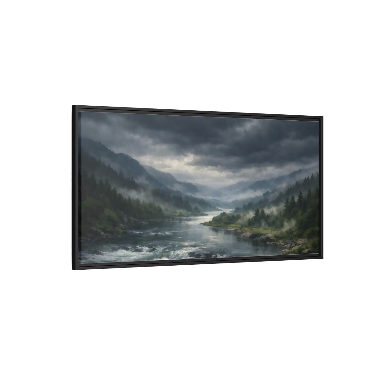 Landscape Nature River Valley Misty Mountain - Framed Canvas Wall Art Print - YesArtYes