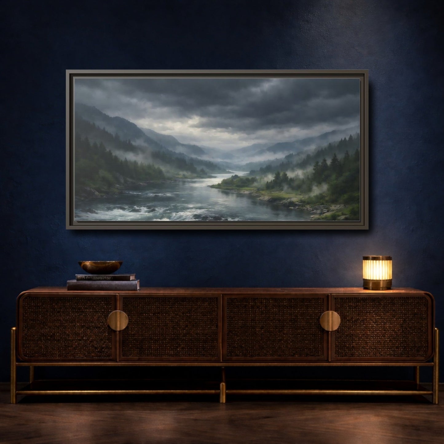 Landscape Nature River Valley Misty Mountain - Framed Canvas Wall Art Print - YesArtYes