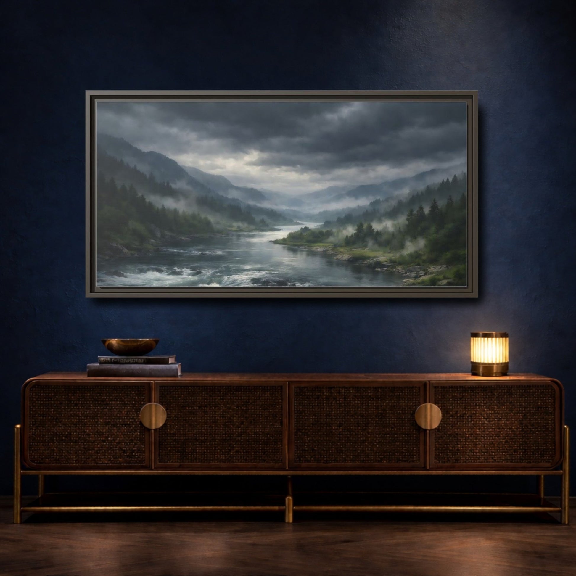 Landscape Nature River Valley Misty Mountain - Framed Canvas Wall Art Print - YesArtYes