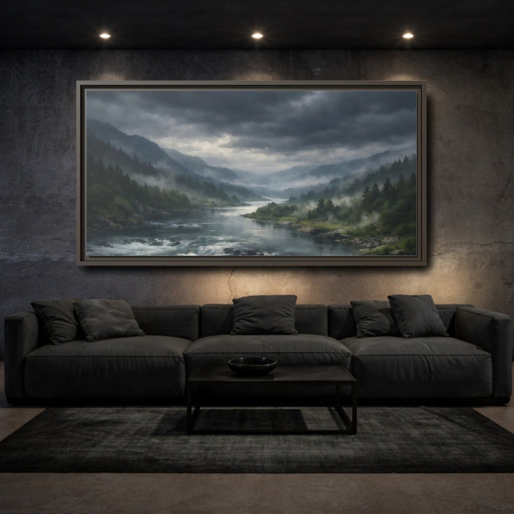 Landscape Nature River Valley Misty Mountain - Framed Canvas Wall Art Print - YesArtYes