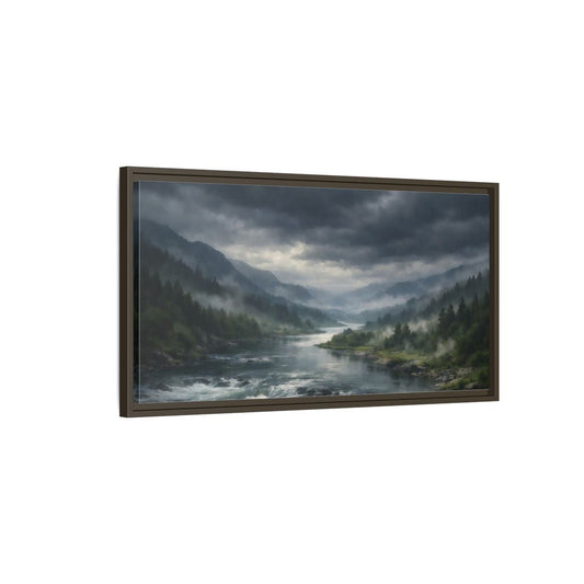 Landscape Nature River Valley Misty Mountain - Framed Canvas Wall Art Print - YesArtYes