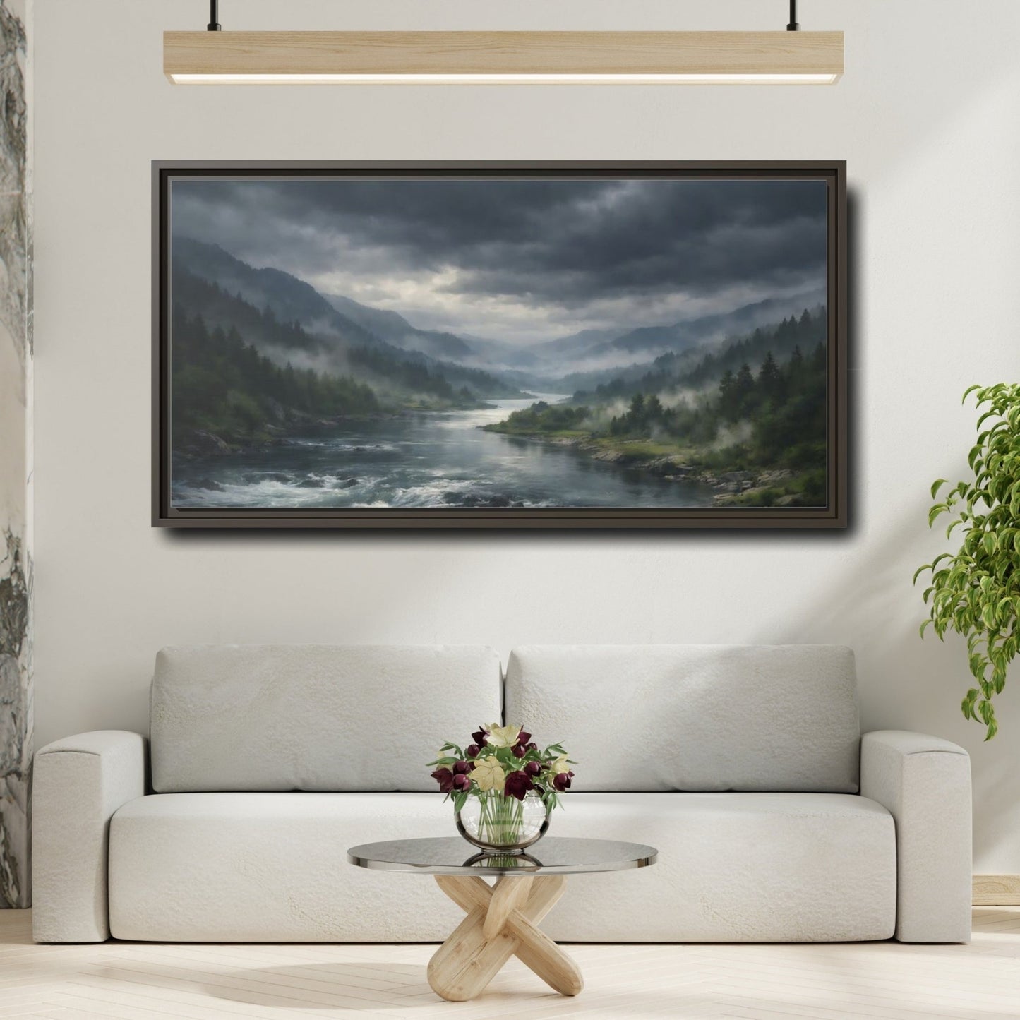 Landscape Nature River Valley Misty Mountain - Framed Canvas Wall Art Print - YesArtYes