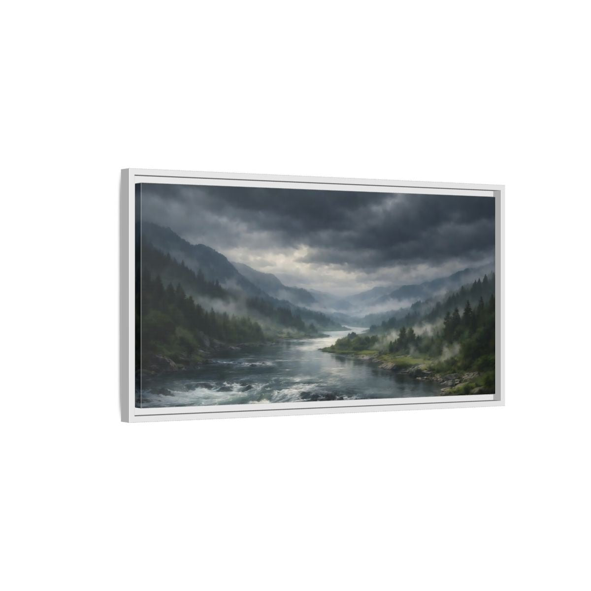 Landscape Nature River Valley Misty Mountain - Framed Canvas Wall Art Print - YesArtYes