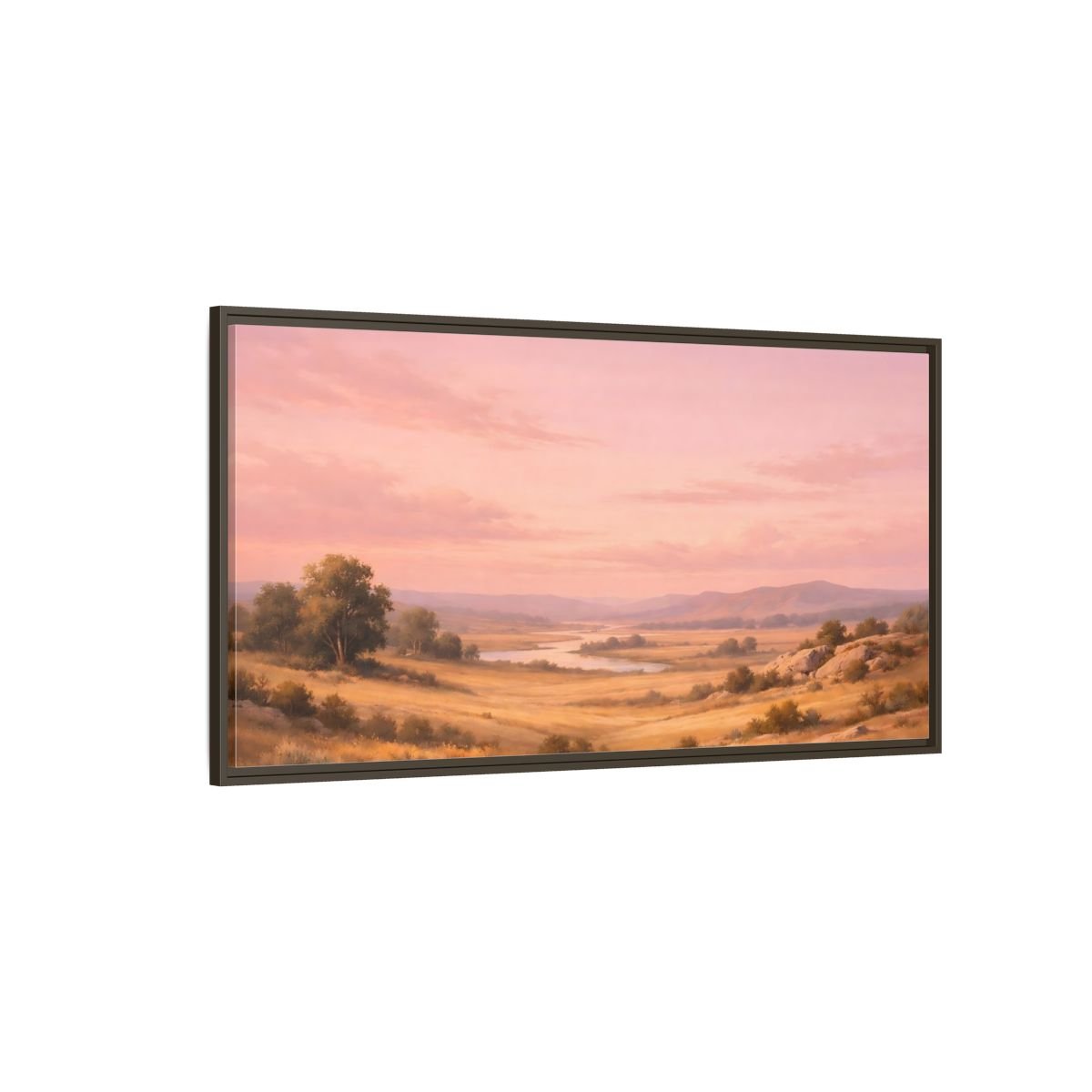 Landscape Nature River Valley Pink Sky - Framed Canvas Wall Art Print - YesArtYes