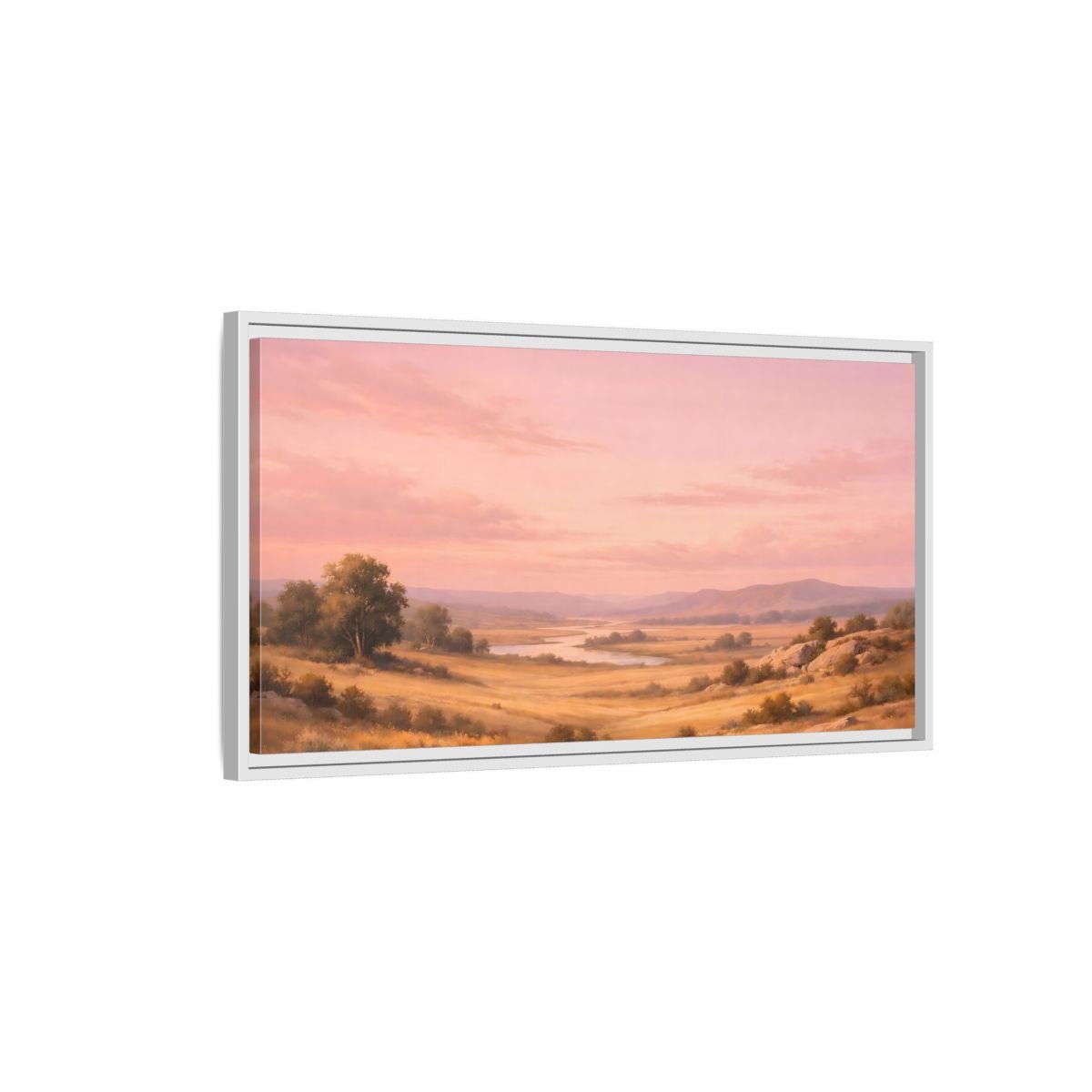 Landscape Nature River Valley Pink Sky - Framed Canvas Wall Art Print - YesArtYes