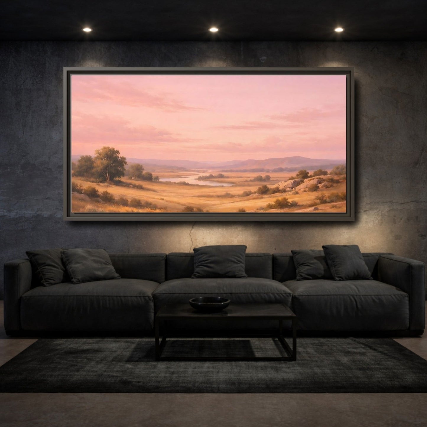 Landscape Nature River Valley Pink Sky - Framed Canvas Wall Art Print - YesArtYes