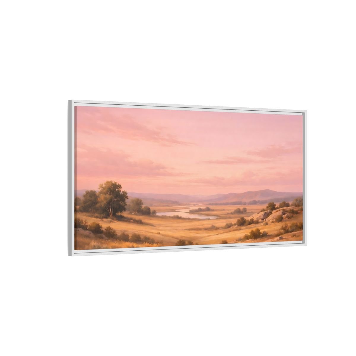 Landscape Nature River Valley Pink Sky - Framed Canvas Wall Art Print - YesArtYes