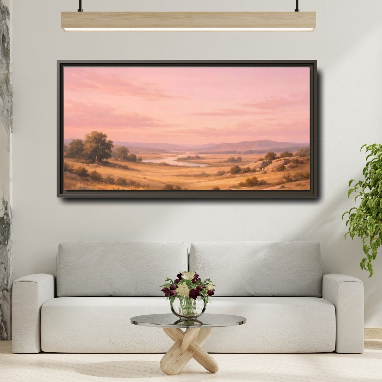 Landscape Nature River Valley Pink Sky - Framed Canvas Wall Art Print - YesArtYes