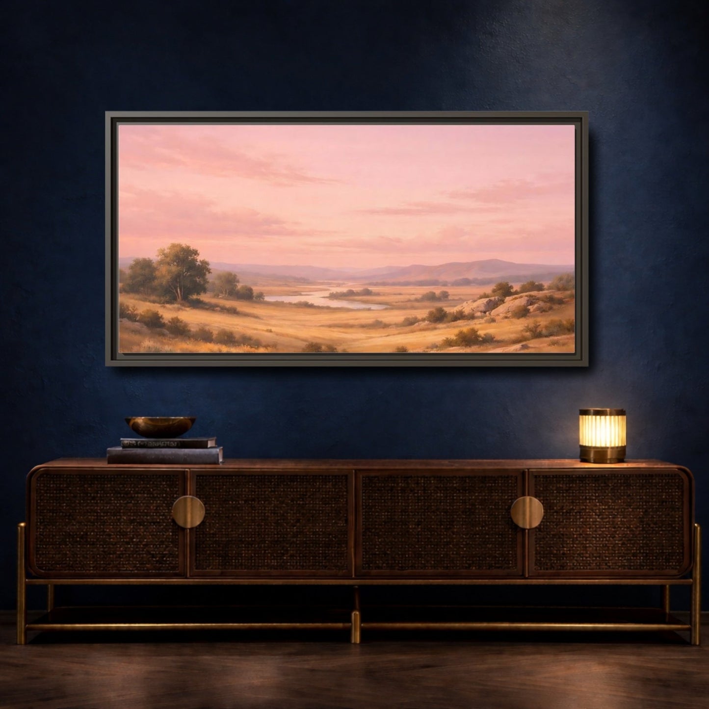Landscape Nature River Valley Pink Sky - Framed Canvas Wall Art Print - YesArtYes