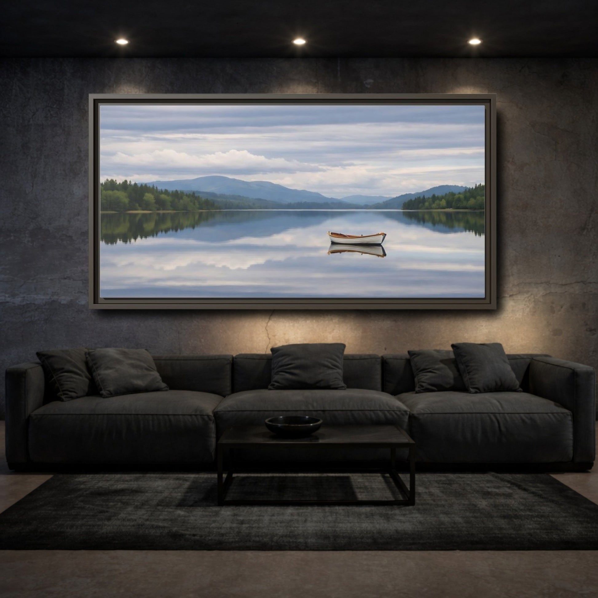Landscape Nature Rowboat Blue And Gray - Framed Canvas Wall Art Print - YesArtYes