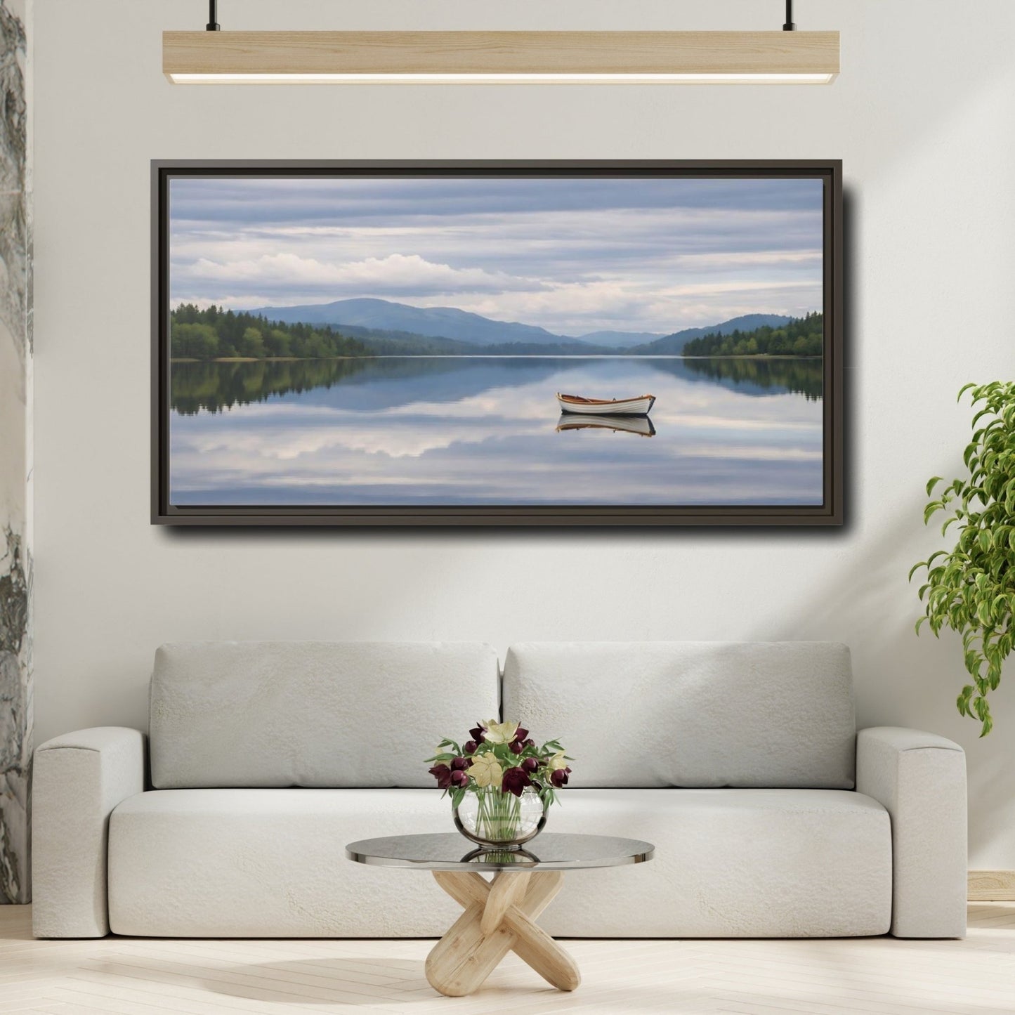 Landscape Nature Rowboat Blue And Gray - Framed Canvas Wall Art Print - YesArtYes