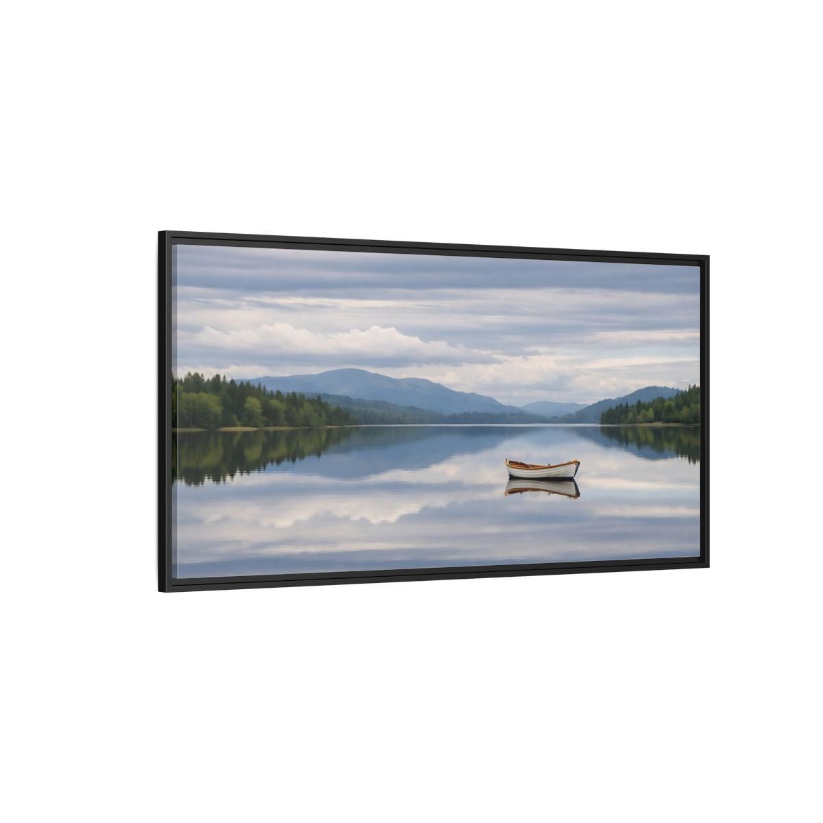 Landscape Nature Rowboat Blue And Gray - Framed Canvas Wall Art Print - YesArtYes