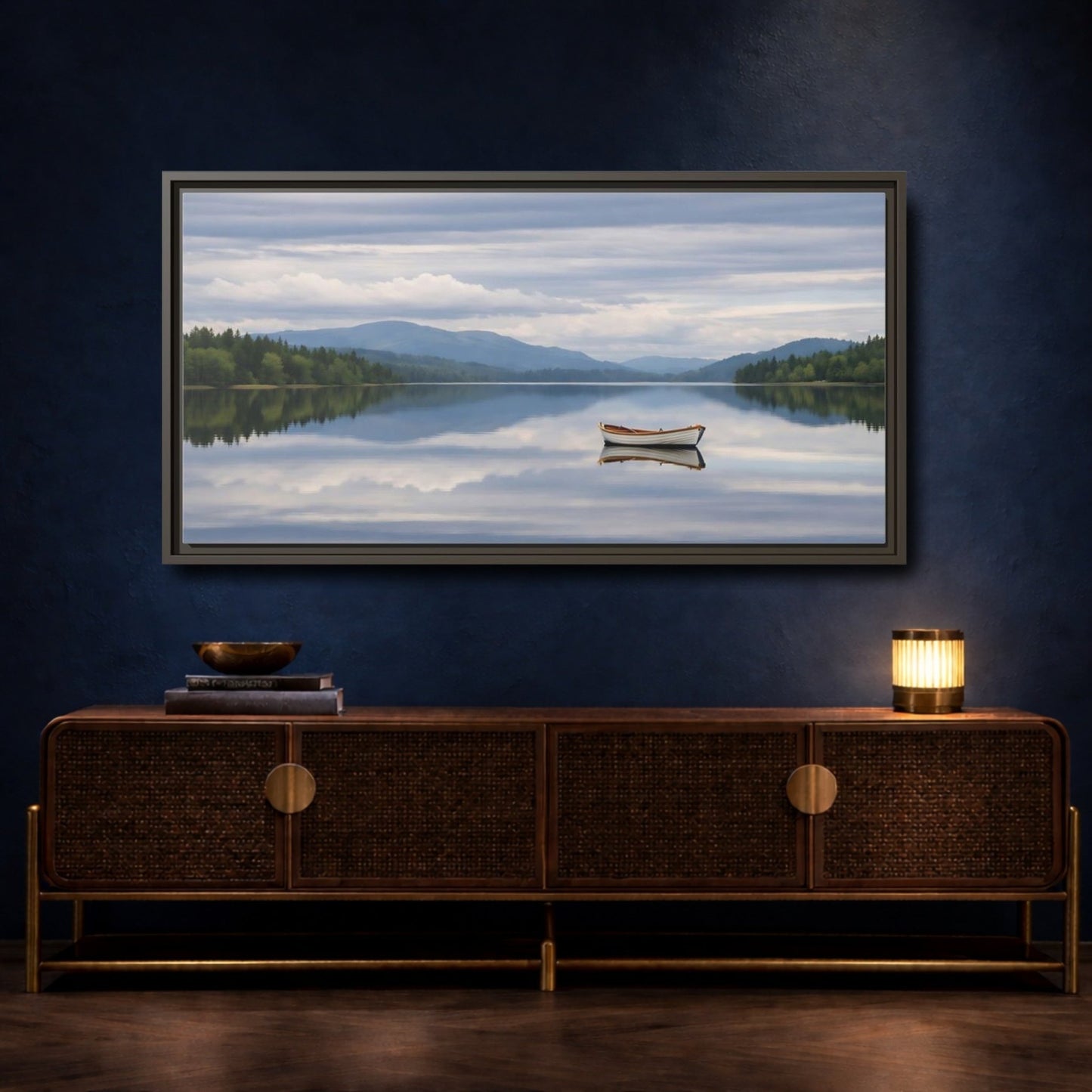 Landscape Nature Rowboat Blue And Gray - Framed Canvas Wall Art Print - YesArtYes