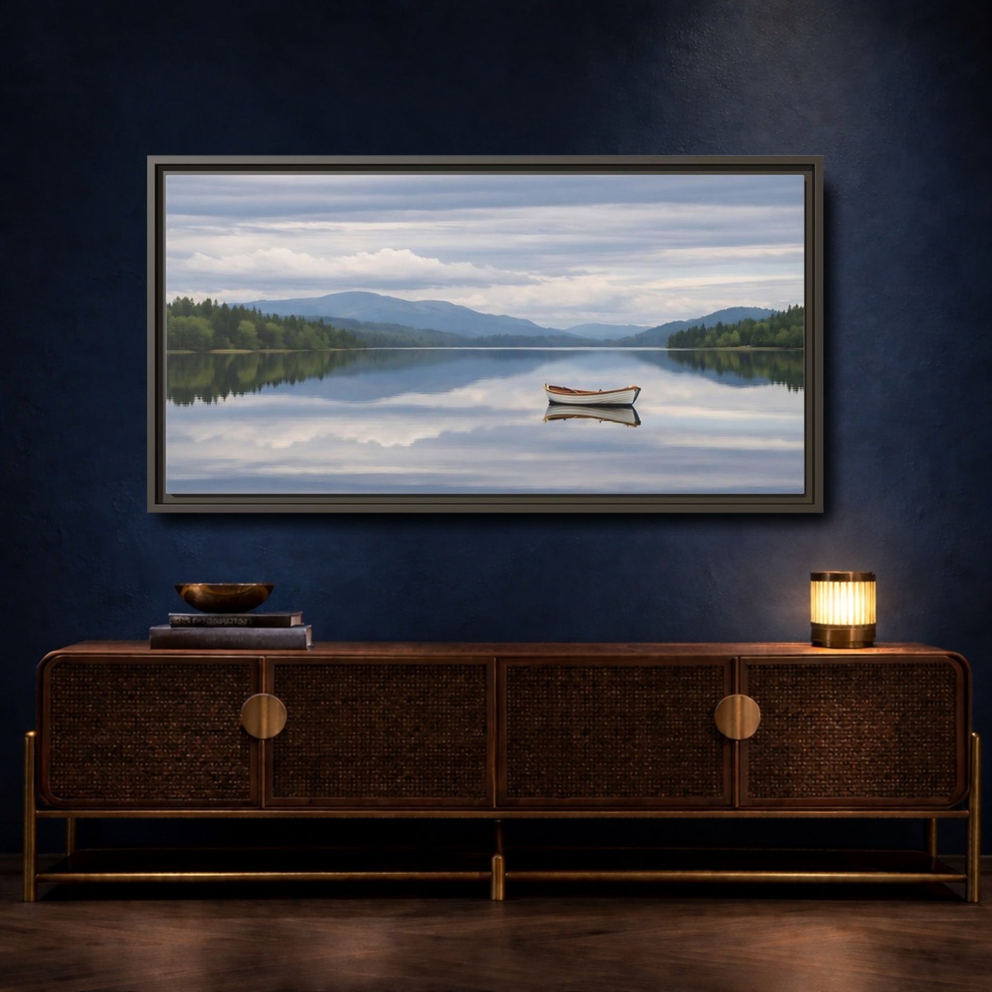 Landscape Nature Rowboat Blue And Gray - Framed Canvas Wall Art Print - YesArtYes