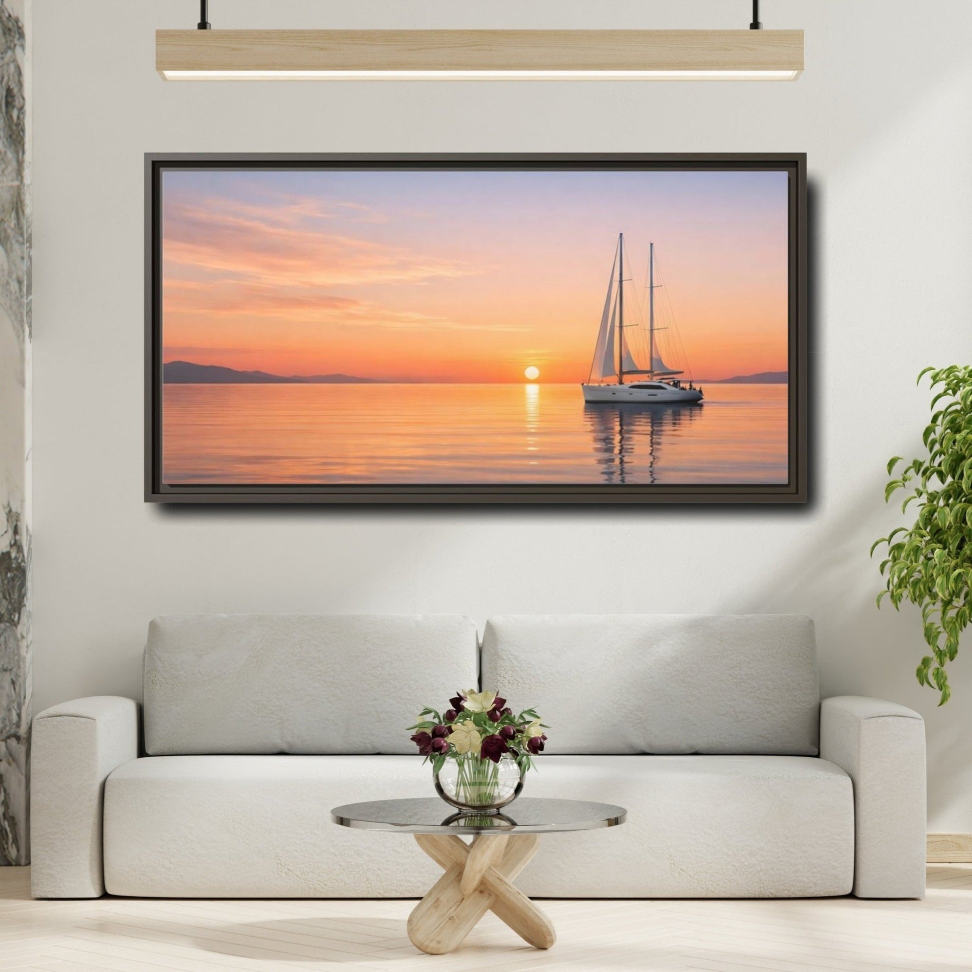 Landscape Nature Sailboat Orange And Blue - Framed Canvas Wall Art Print - YesArtYes