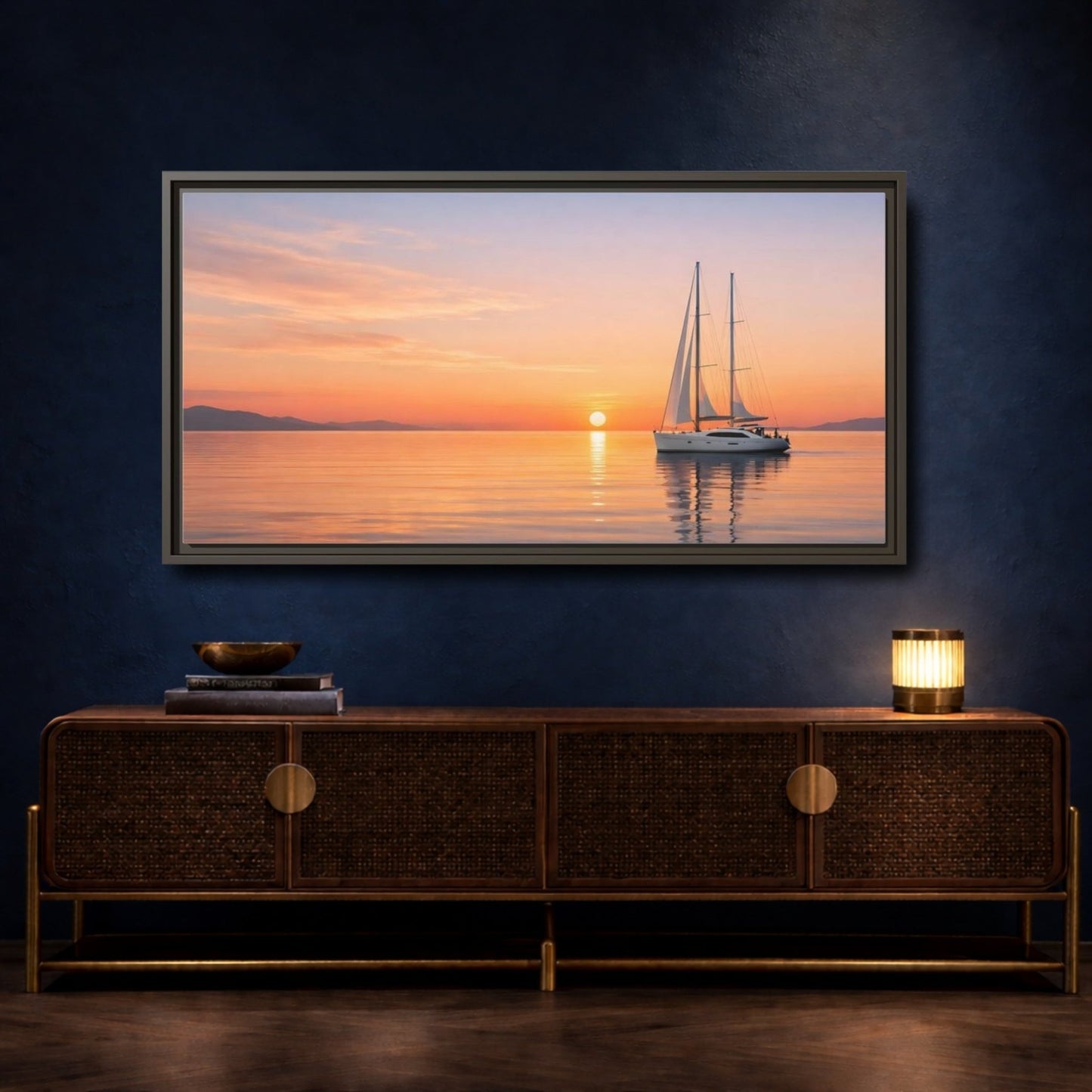 Landscape Nature Sailboat Orange And Blue - Framed Canvas Wall Art Print - YesArtYes