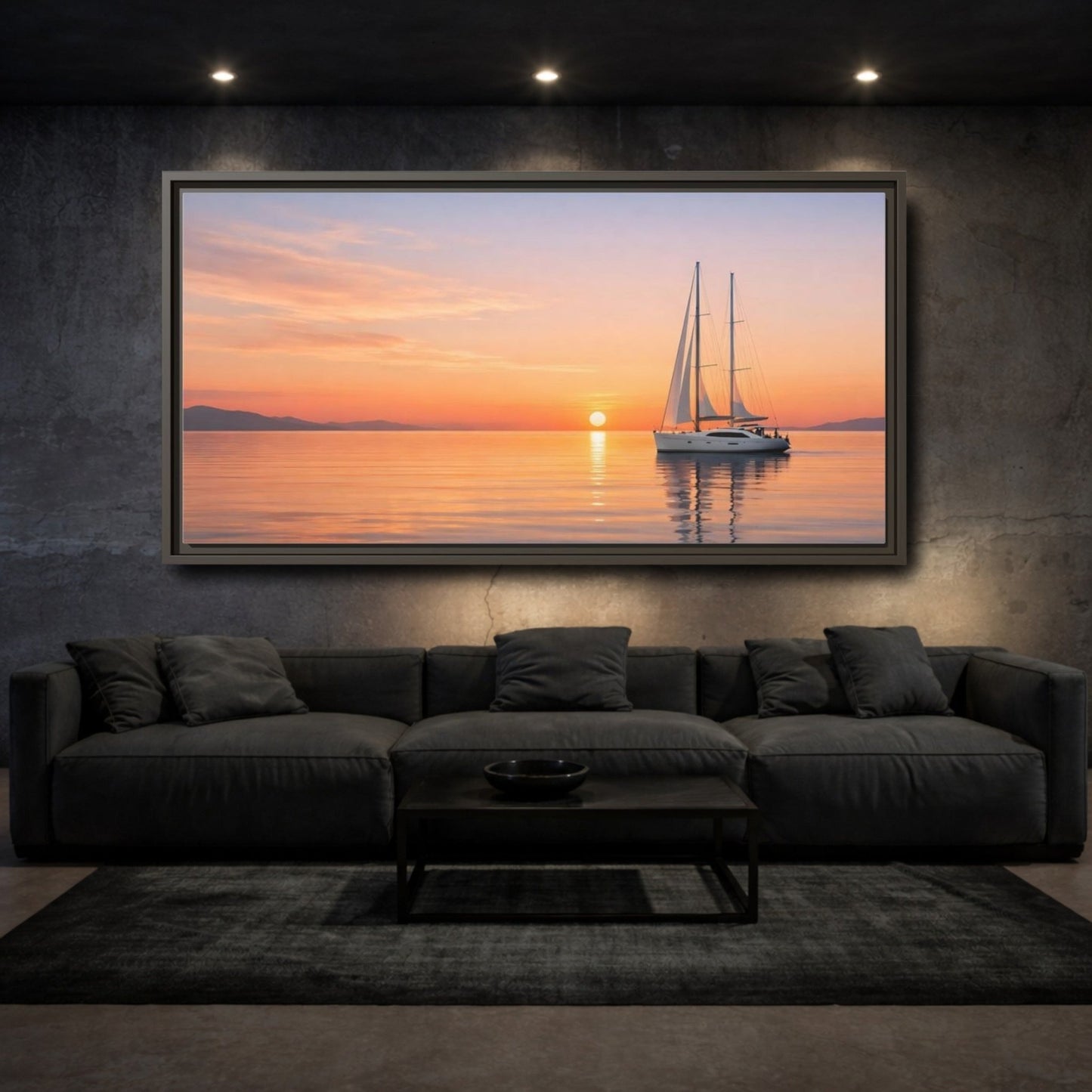 Landscape Nature Sailboat Orange And Blue - Framed Canvas Wall Art Print - YesArtYes
