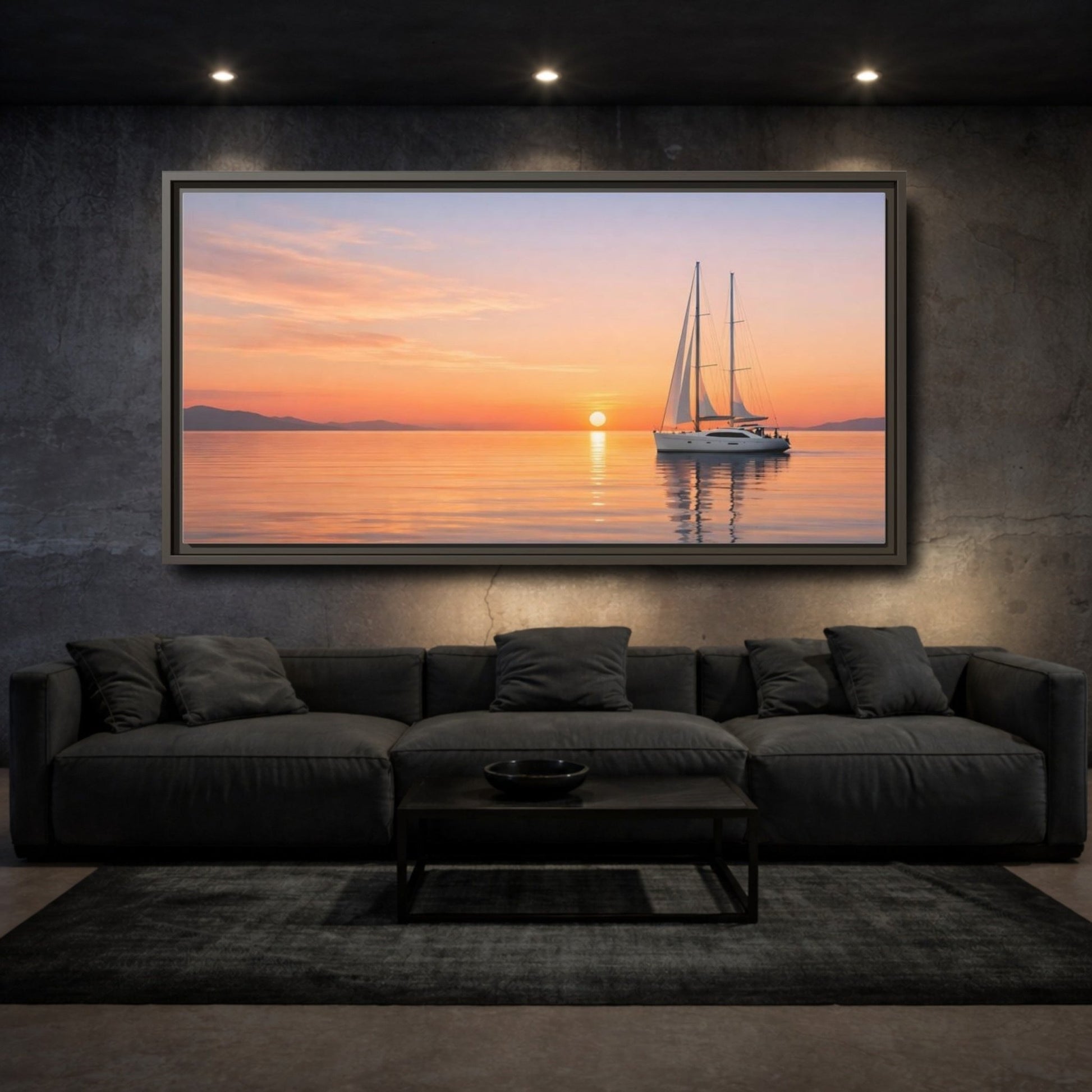 Landscape Nature Sailboat Orange And Blue - Framed Canvas Wall Art Print - YesArtYes