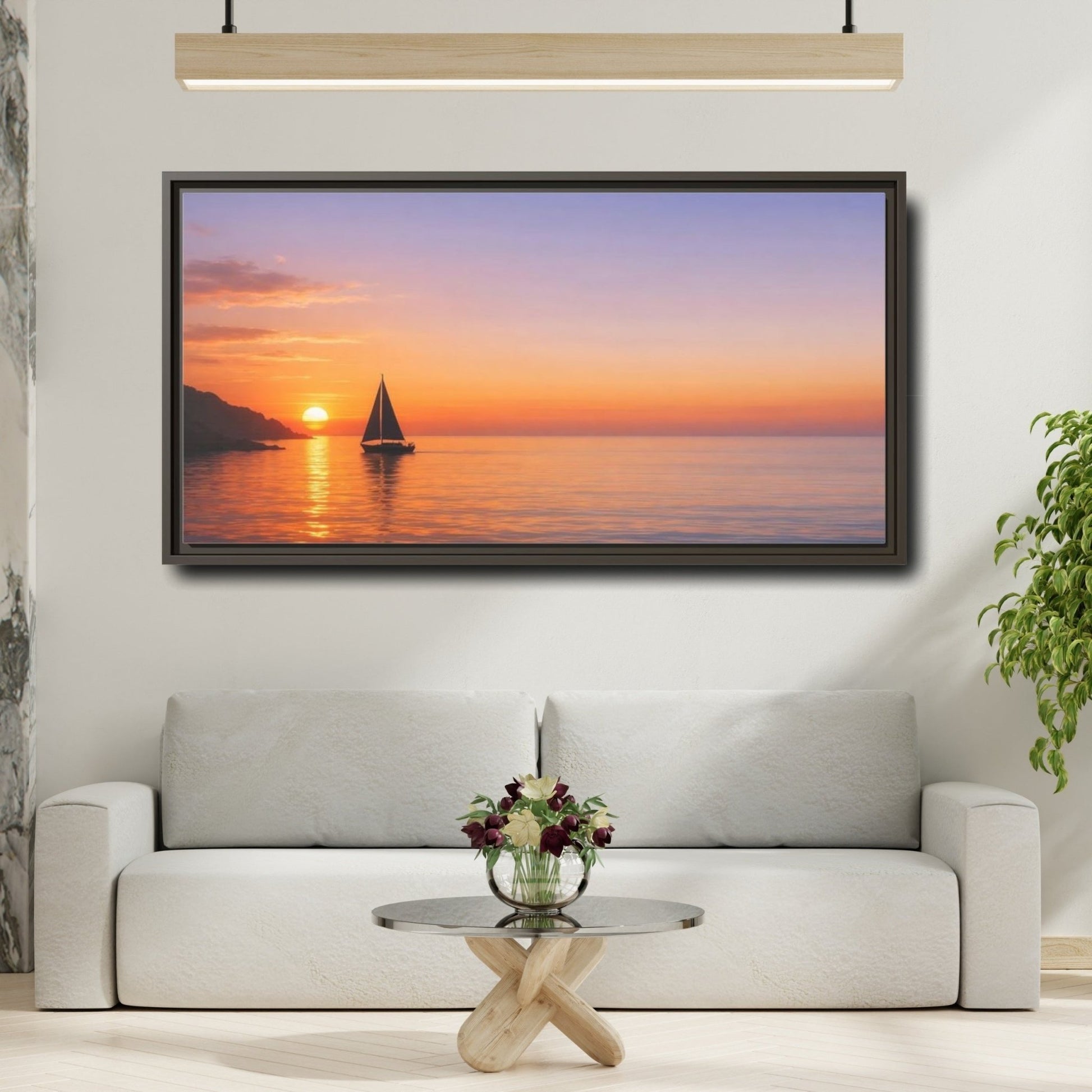 Landscape Nature Sailboat Sunset - Framed Canvas Wall Art Print - YesArtYes