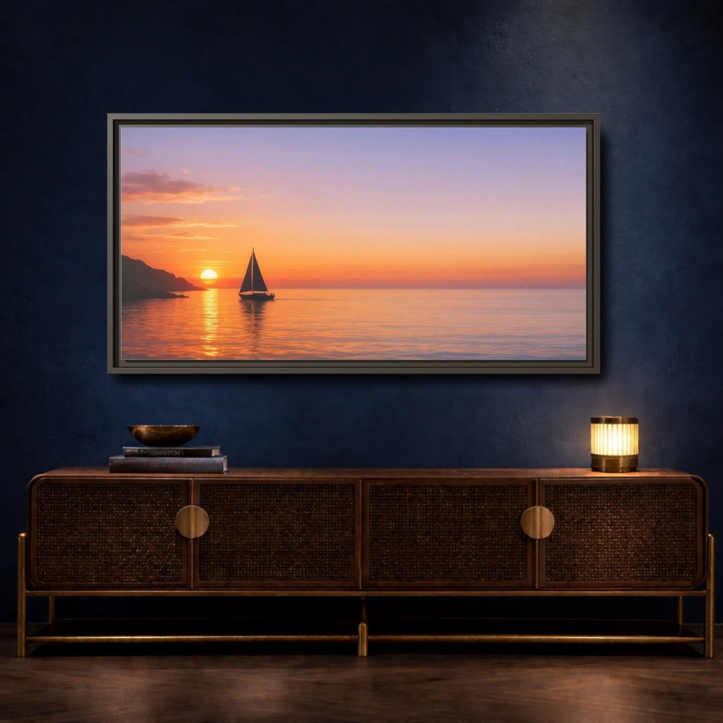 Landscape Nature Sailboat Sunset - Framed Canvas Wall Art Print - YesArtYes