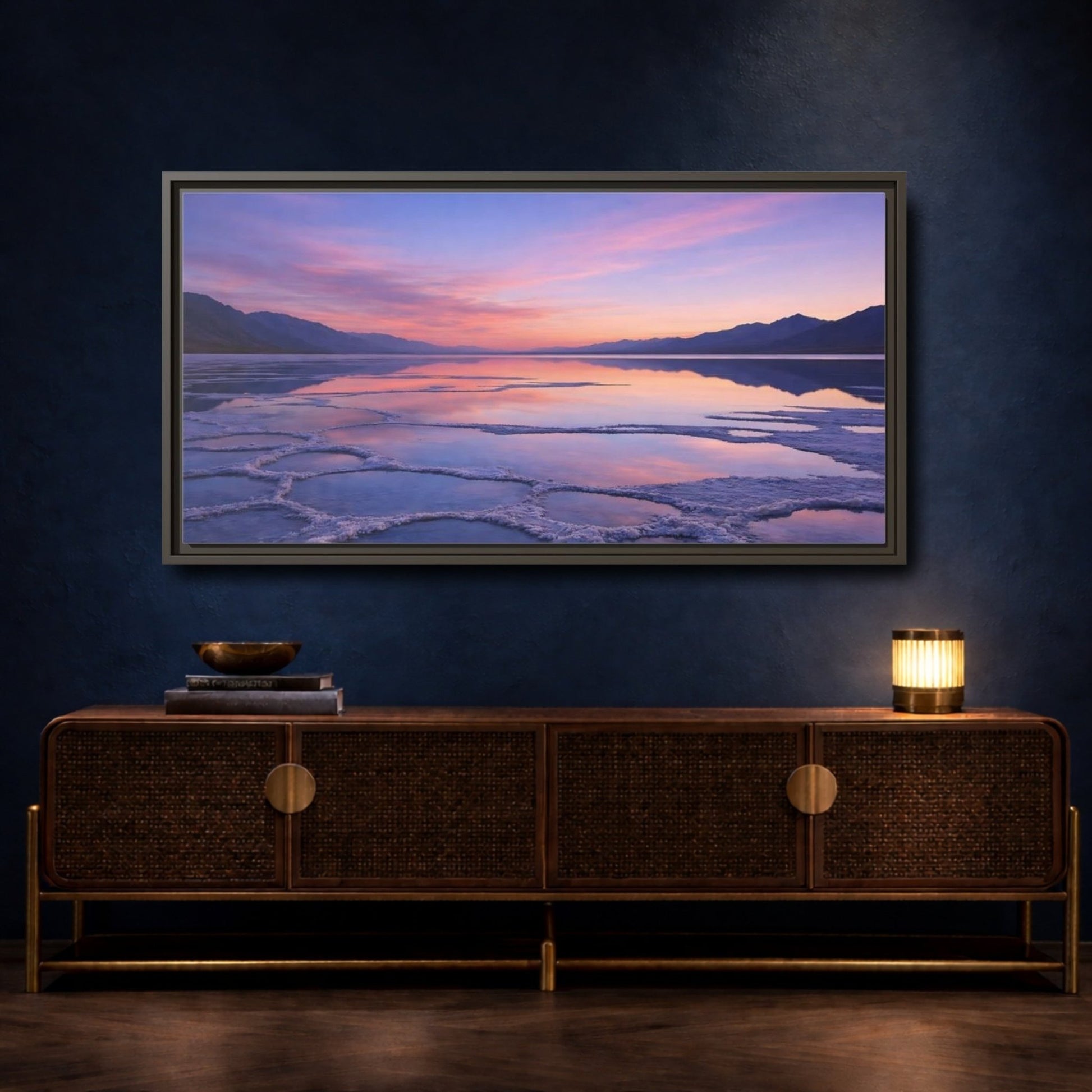 Landscape Nature Salt Lake Pink Blue - Framed Canvas Wall Art Print - YesArtYes