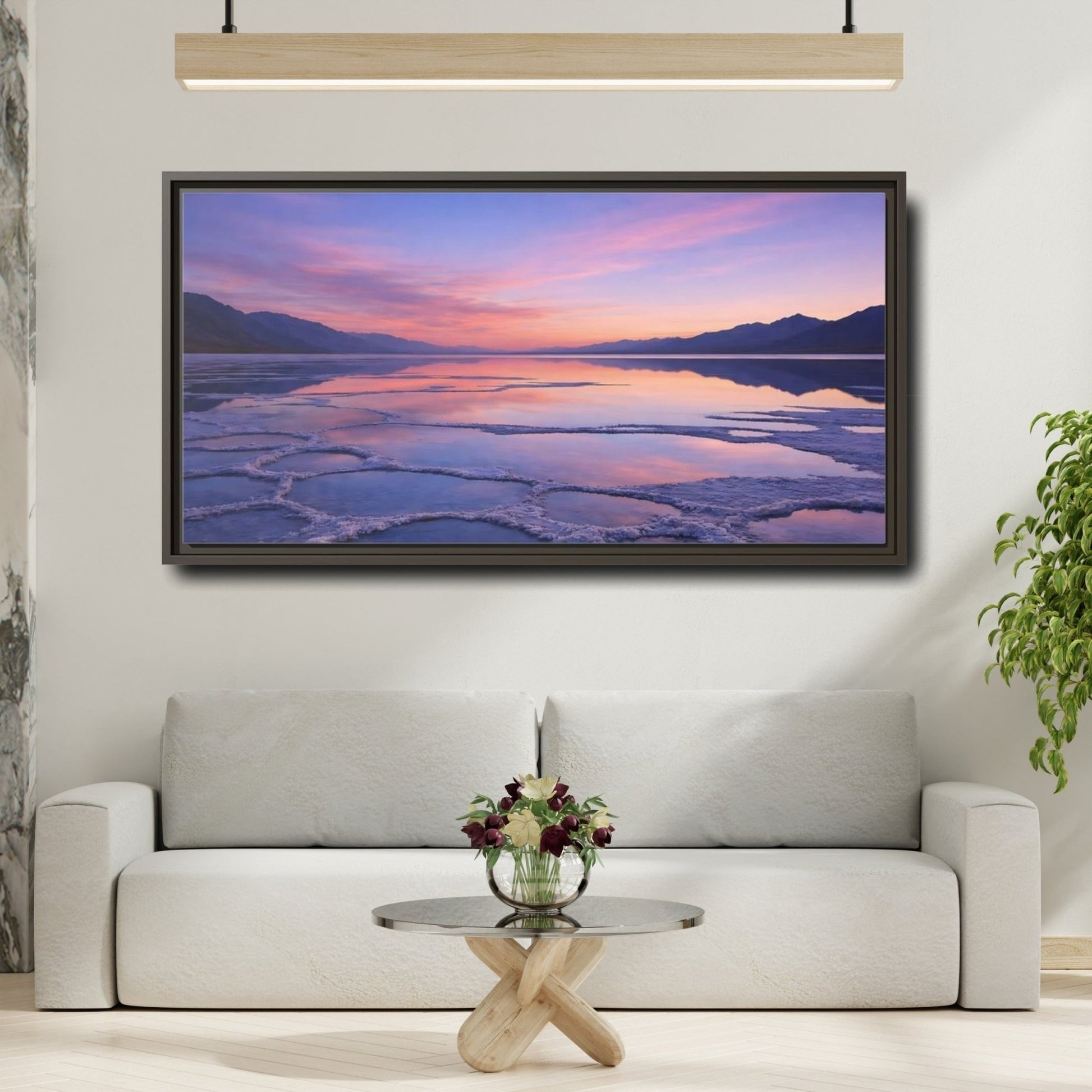 Landscape Nature Salt Lake Pink Blue - Framed Canvas Wall Art Print - YesArtYes