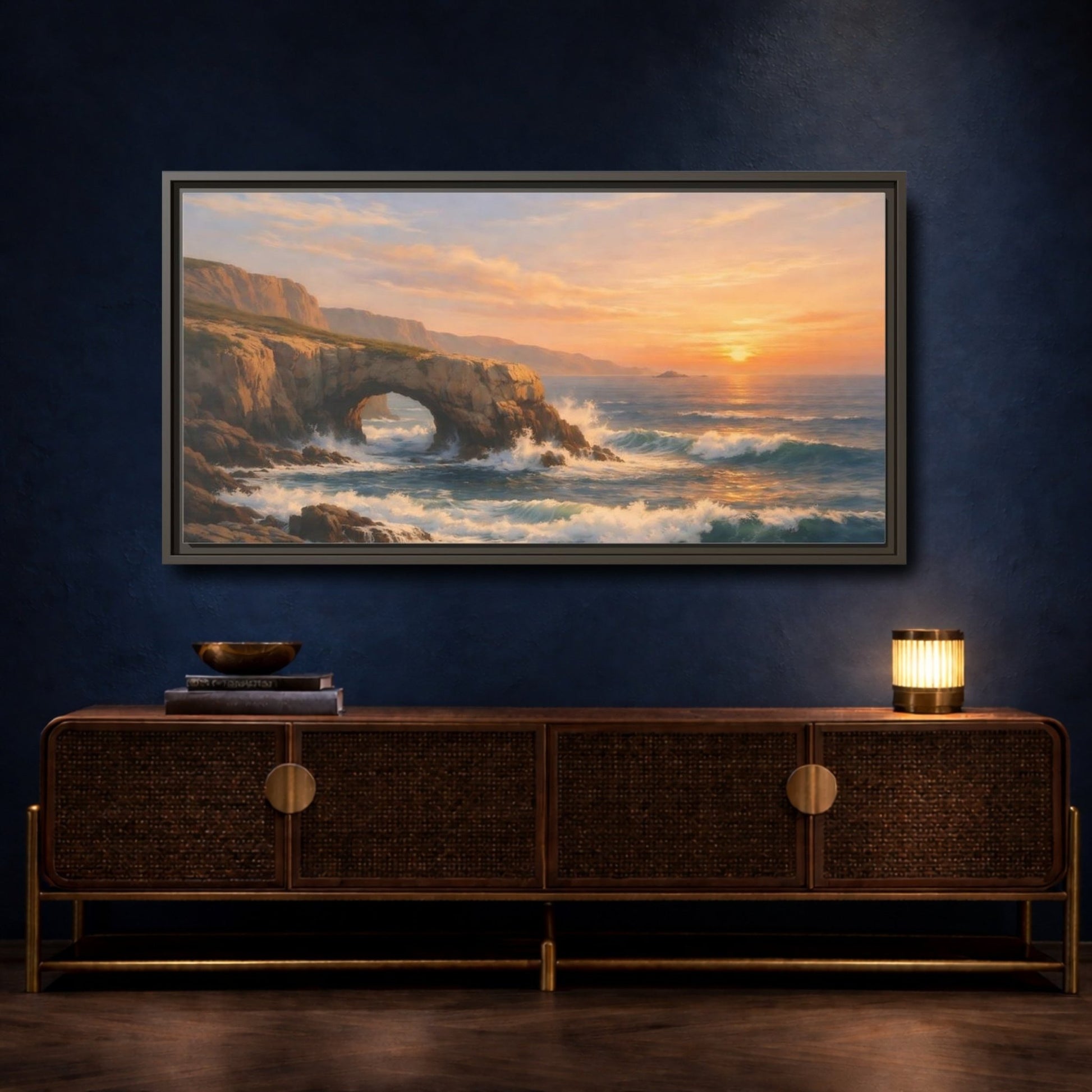 Landscape Nature Sea Arch Orange And - Framed Canvas Wall Art Print - YesArtYes