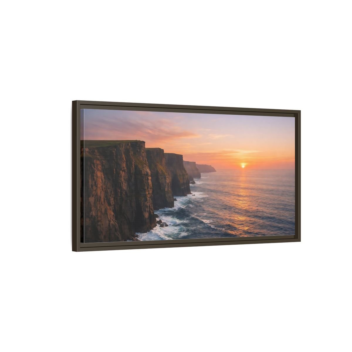 Landscape Nature Sea Cliffs Orange Sunset - Framed Canvas Wall Art Print - YesArtYes