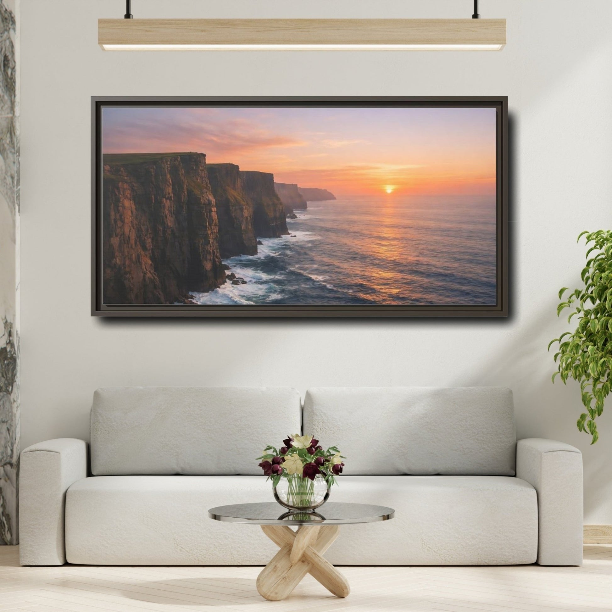 Landscape Nature Sea Cliffs Orange Sunset - Framed Canvas Wall Art Print - YesArtYes