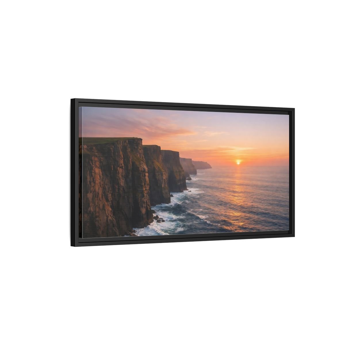 Landscape Nature Sea Cliffs Orange Sunset - Framed Canvas Wall Art Print - YesArtYes