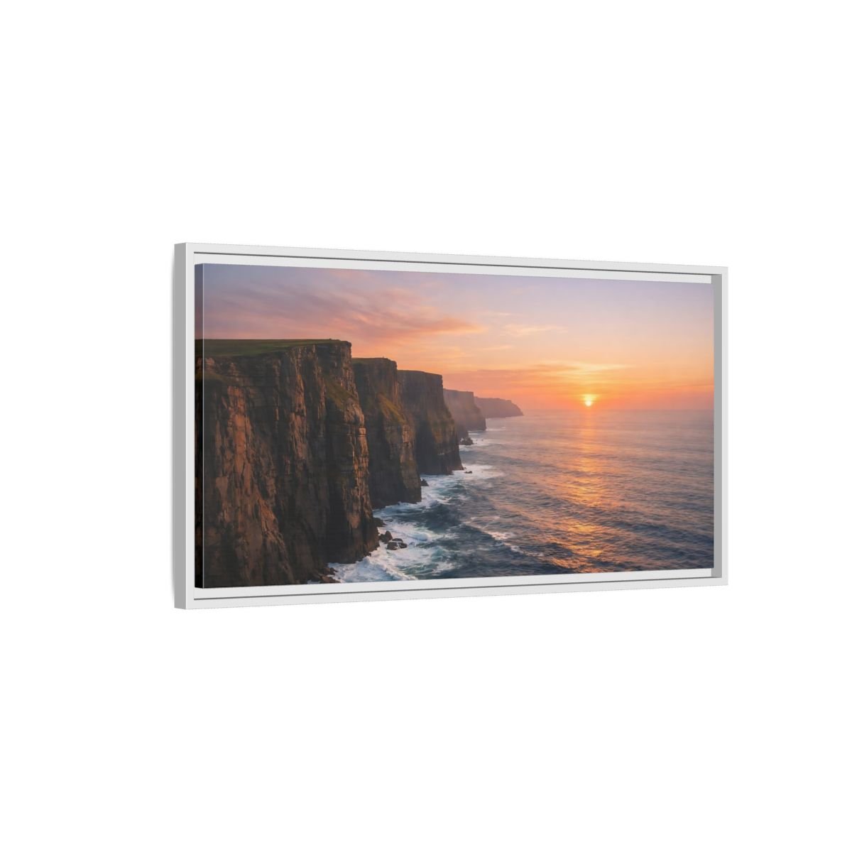 Landscape Nature Sea Cliffs Orange Sunset - Framed Canvas Wall Art Print - YesArtYes