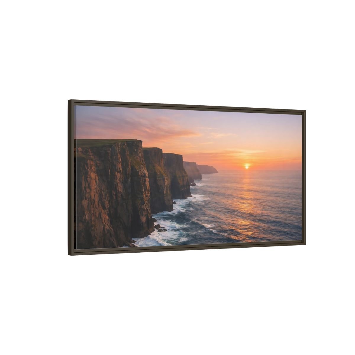 Landscape Nature Sea Cliffs Orange Sunset - Framed Canvas Wall Art Print - YesArtYes