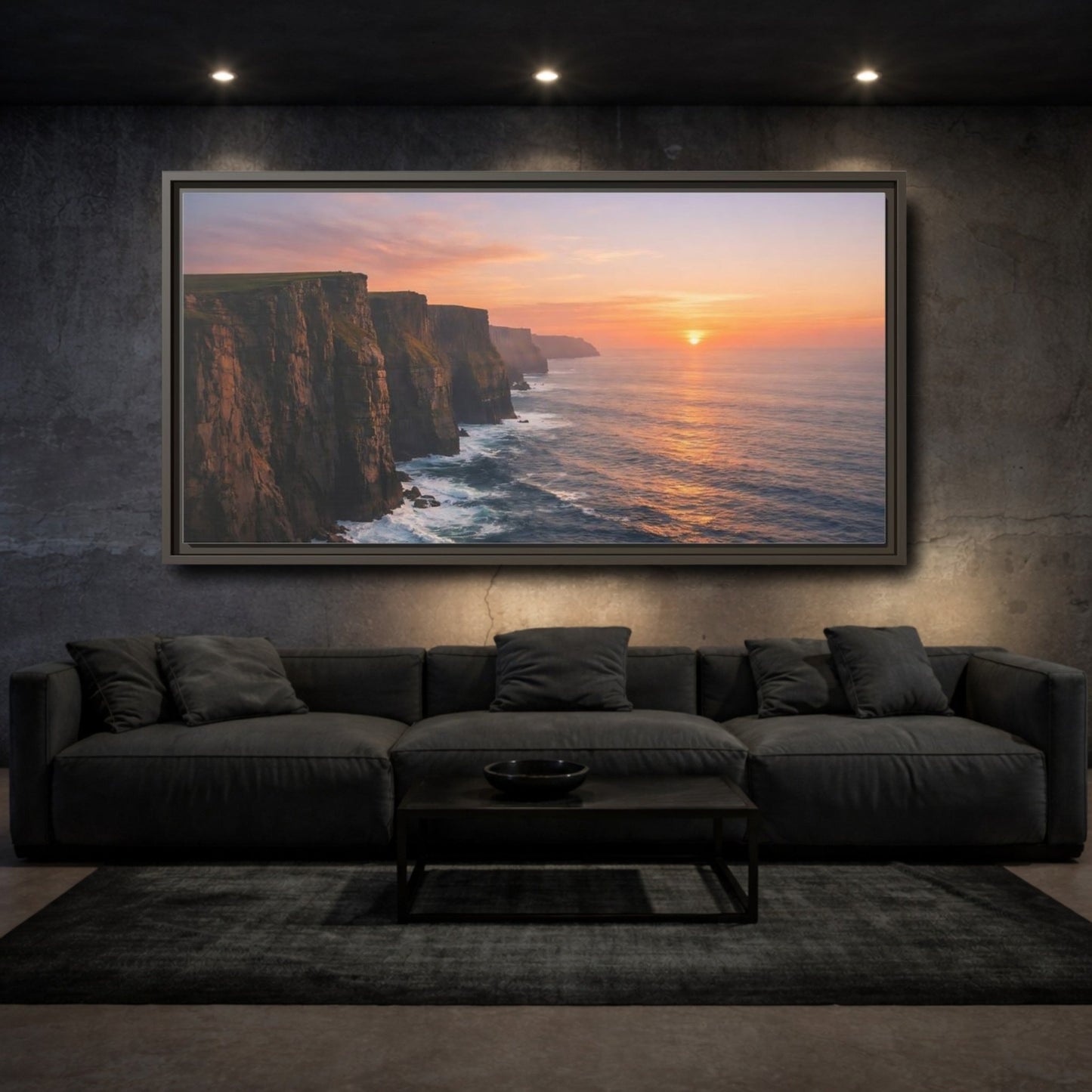 Landscape Nature Sea Cliffs Orange Sunset - Framed Canvas Wall Art Print - YesArtYes