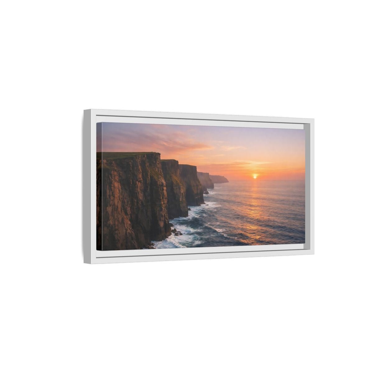 Landscape Nature Sea Cliffs Orange Sunset - Framed Canvas Wall Art Print - YesArtYes