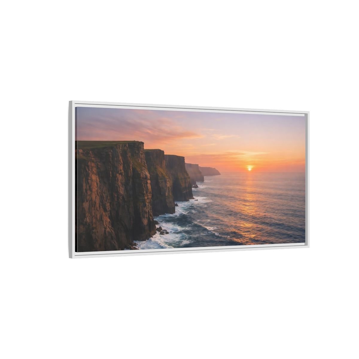 Landscape Nature Sea Cliffs Orange Sunset - Framed Canvas Wall Art Print - YesArtYes