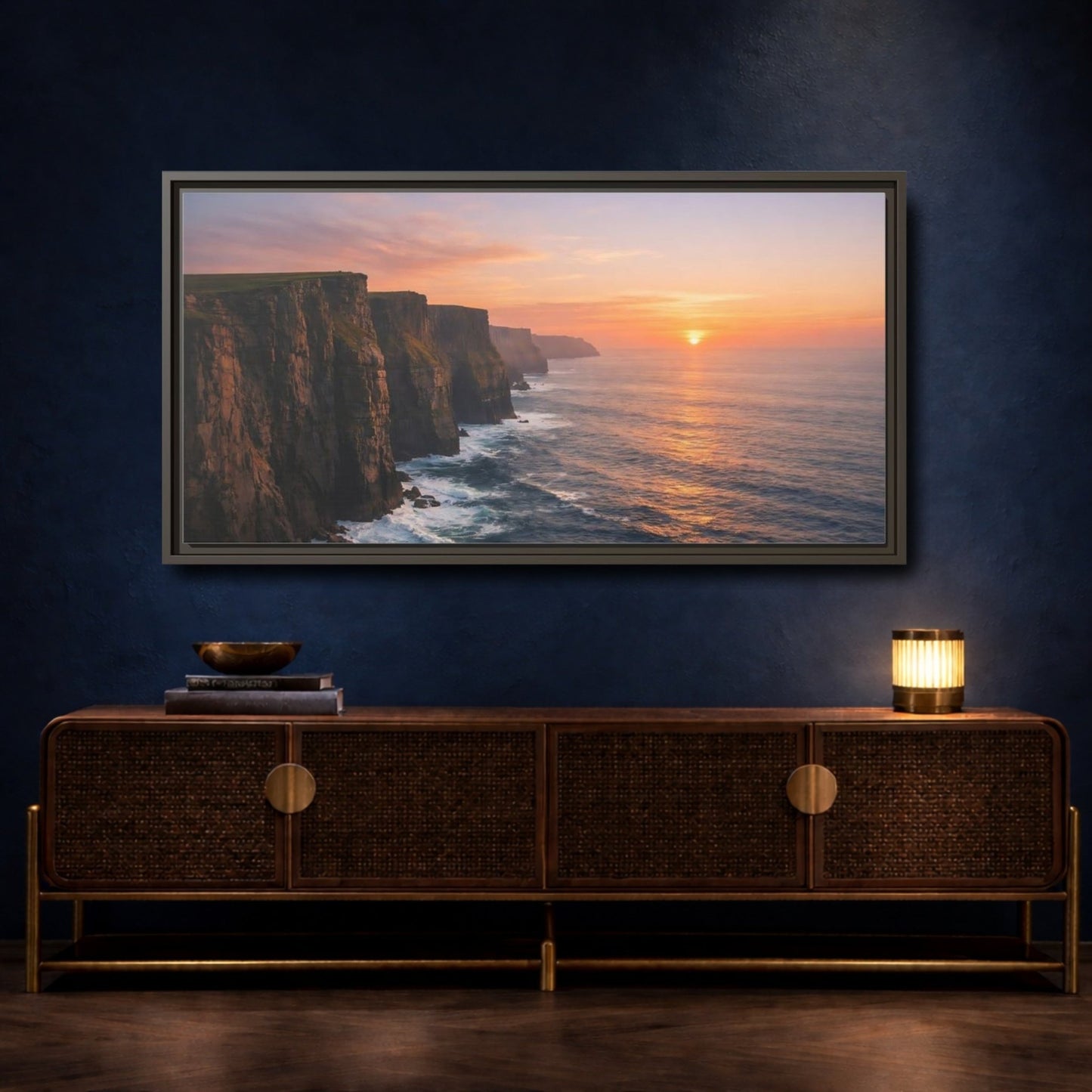 Landscape Nature Sea Cliffs Orange Sunset - Framed Canvas Wall Art Print - YesArtYes
