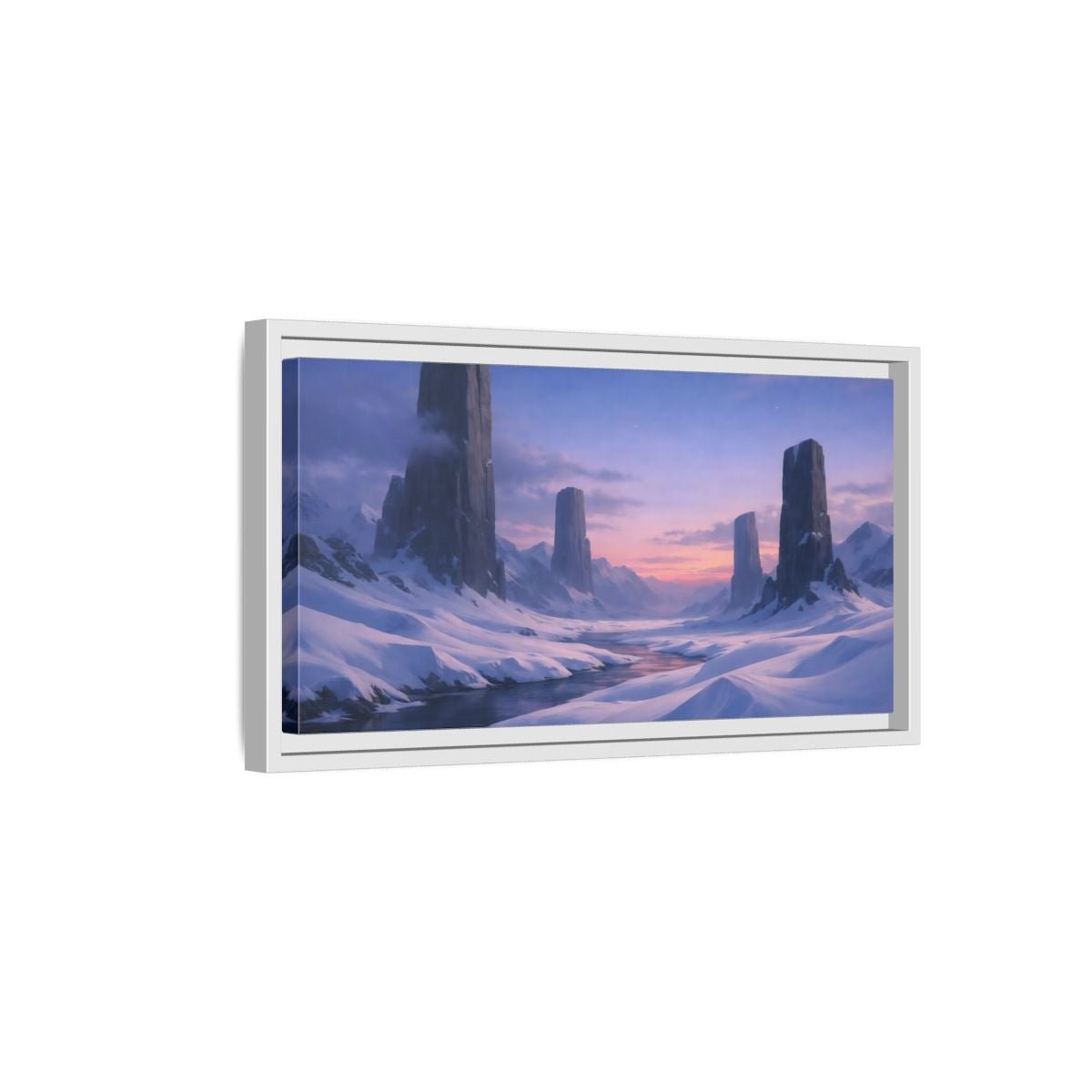 Landscape Nature Snow Mountains Blue Pink - Framed Canvas Wall Art Print - YesArtYes