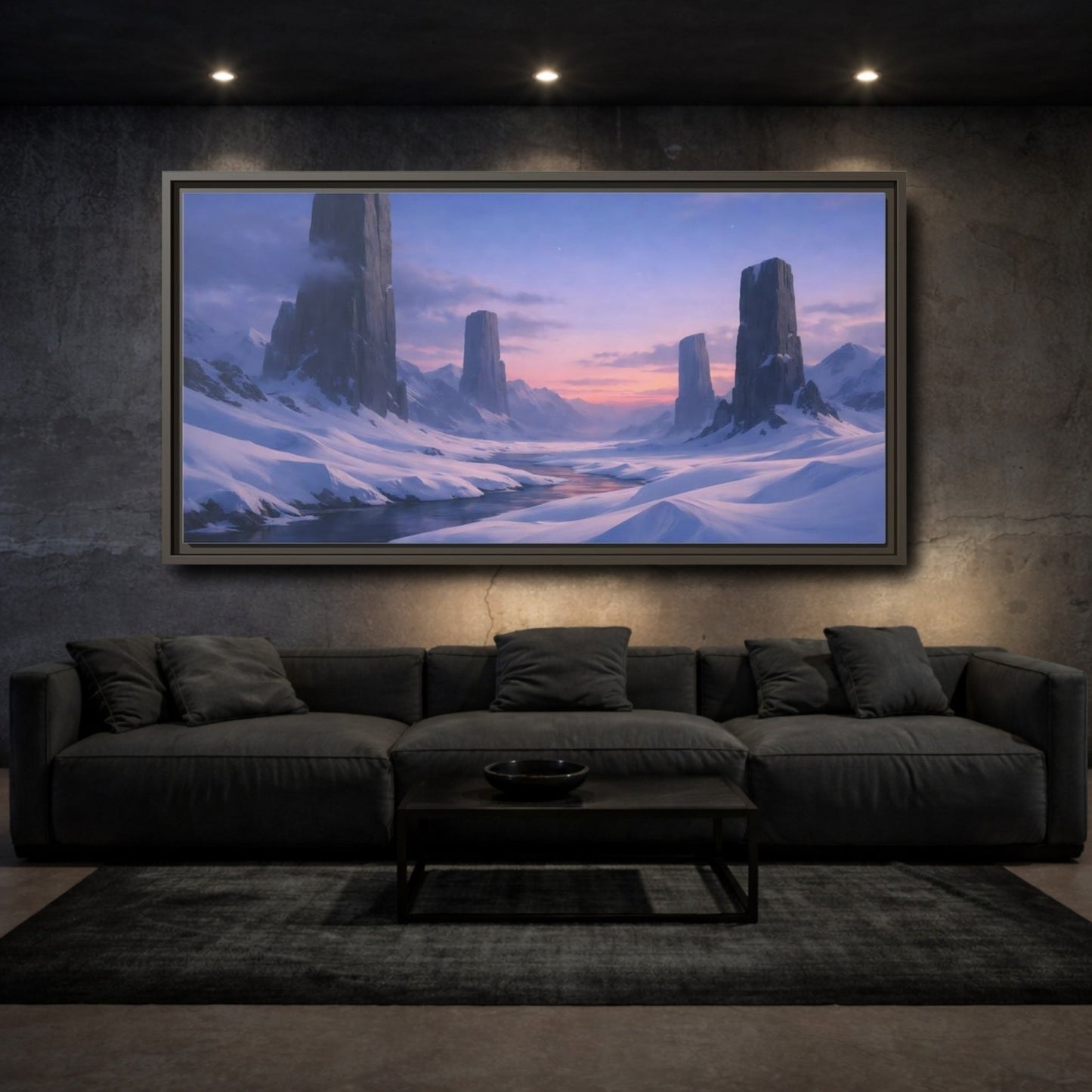 Landscape Nature Snow Mountains Blue Pink - Framed Canvas Wall Art Print - YesArtYes