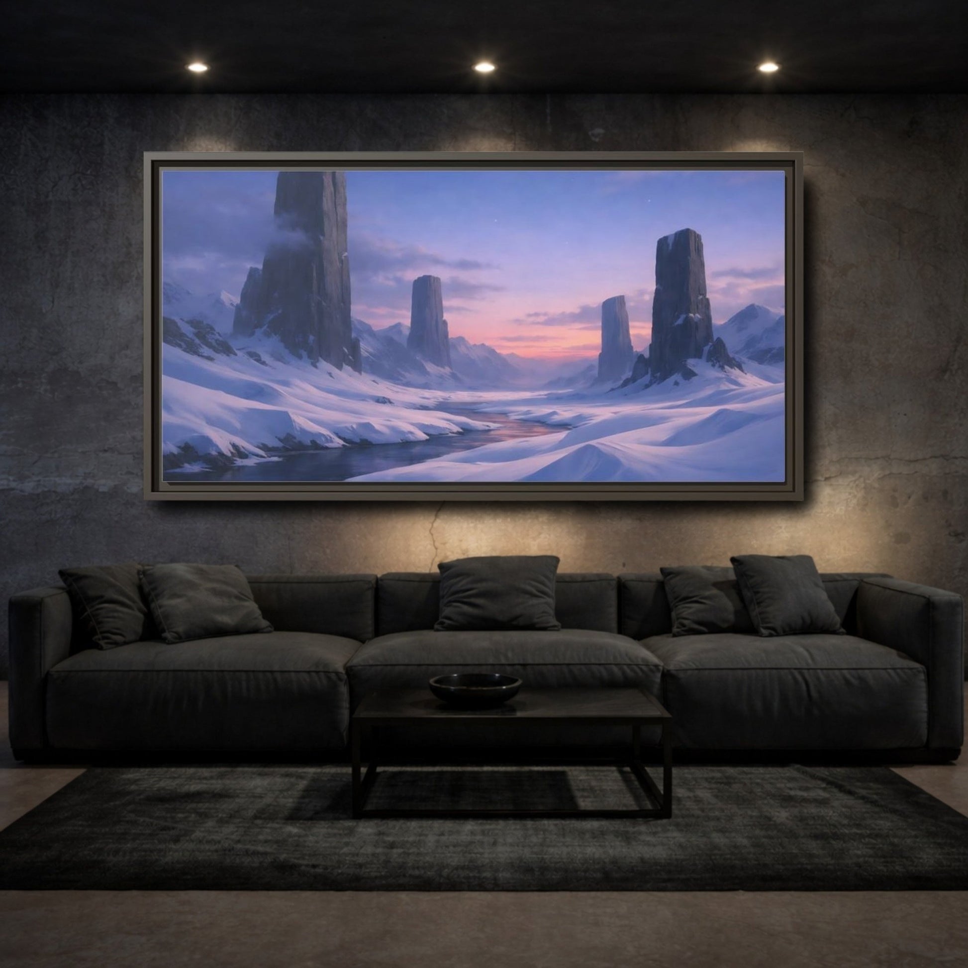 Landscape Nature Snow Mountains Blue Pink - Framed Canvas Wall Art Print - YesArtYes