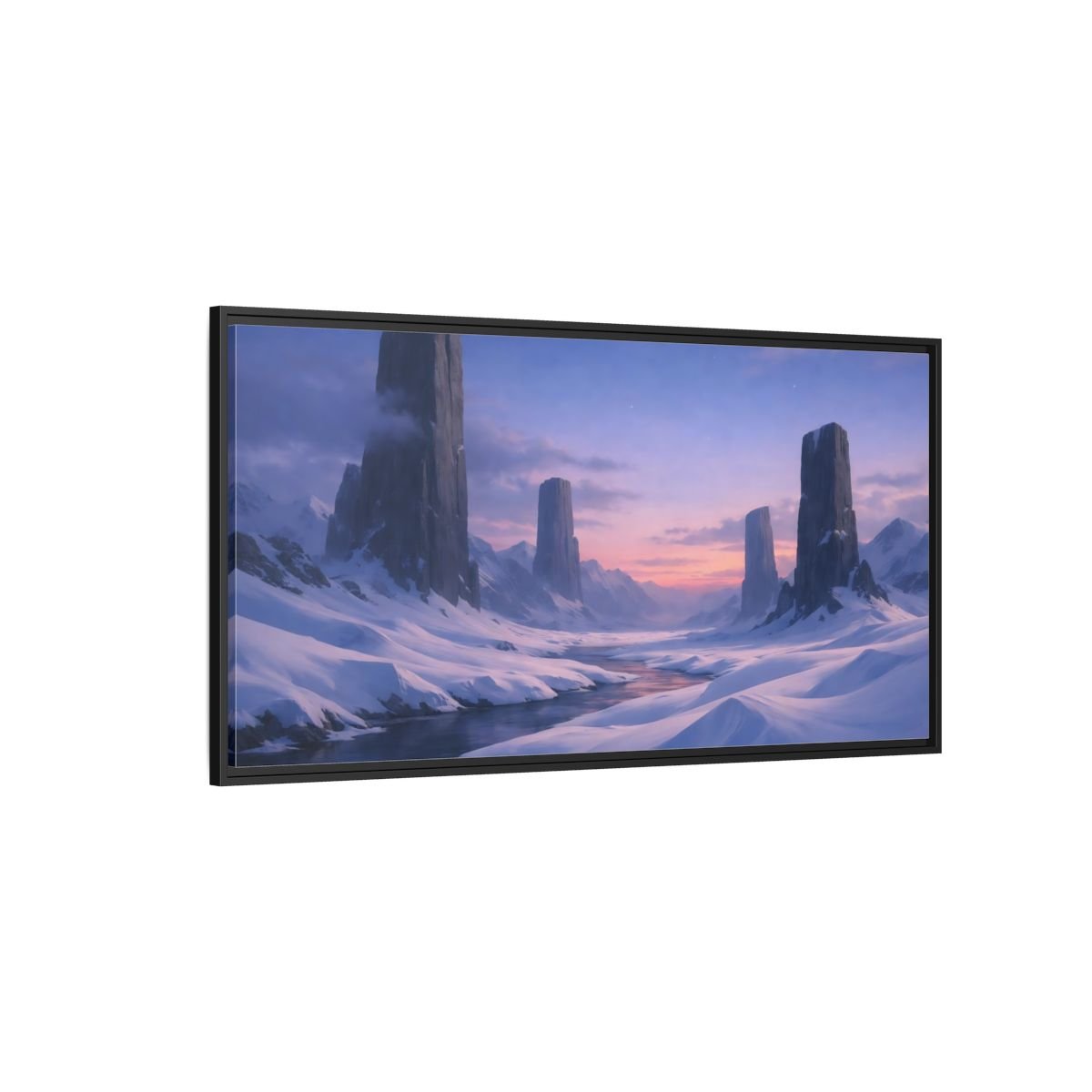 Landscape Nature Snow Mountains Blue Pink - Framed Canvas Wall Art Print - YesArtYes
